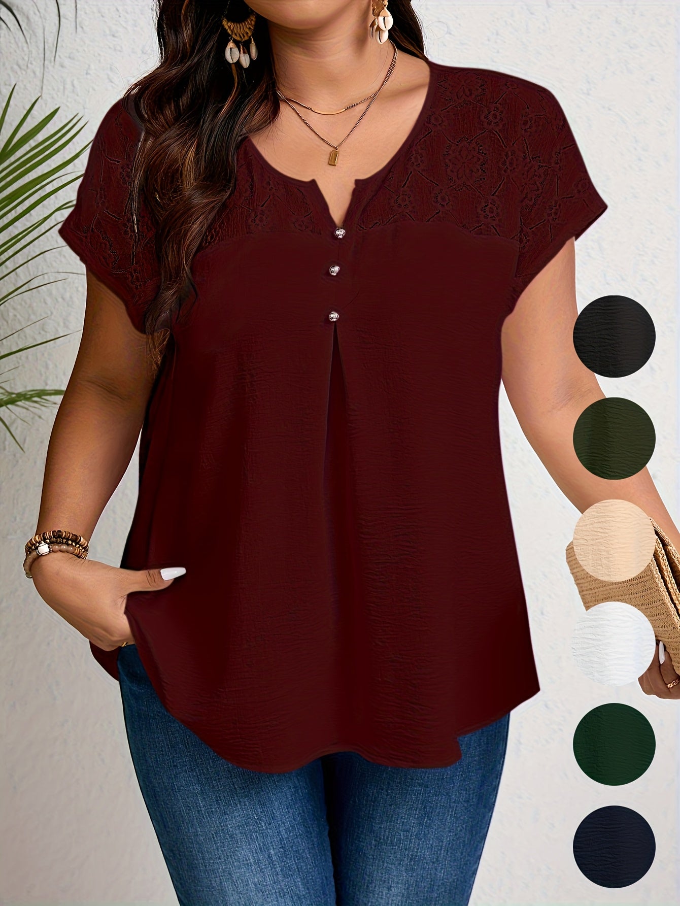 Women'S Plus Size Casual Top - Elegant Maroon Blouse with Contrast Lace Detail, Non-Stretch Fabric, Perfect for Spring/Summer/Fall, Plus Size Blouses