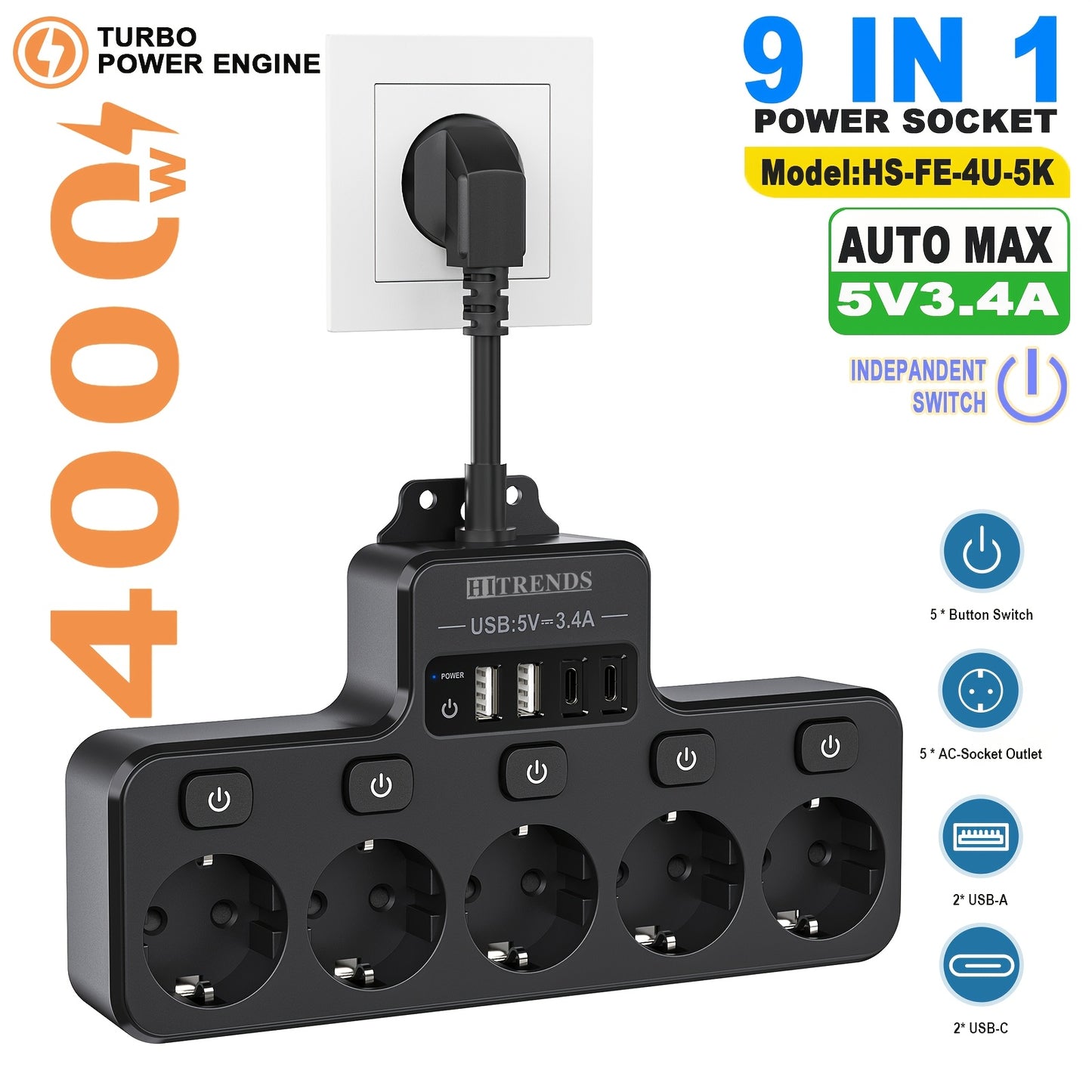 A 9-In-1 Power Strip with USB, Featuring 5 EU Sockets with Individual And Master Switches, 2 USB-A And 2 USB-C Ports, Flexible Cable Sockets, Wall-Mounted Design, Suitable for Home, Kitchen, Office, And Travel.
