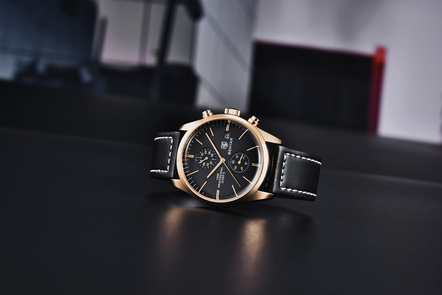 1pc New BENYAR Men's PU Leather Quartz Wristwatch, Men's 100M Multifunctional Watch Military Sports Chronograph Watch For Men
