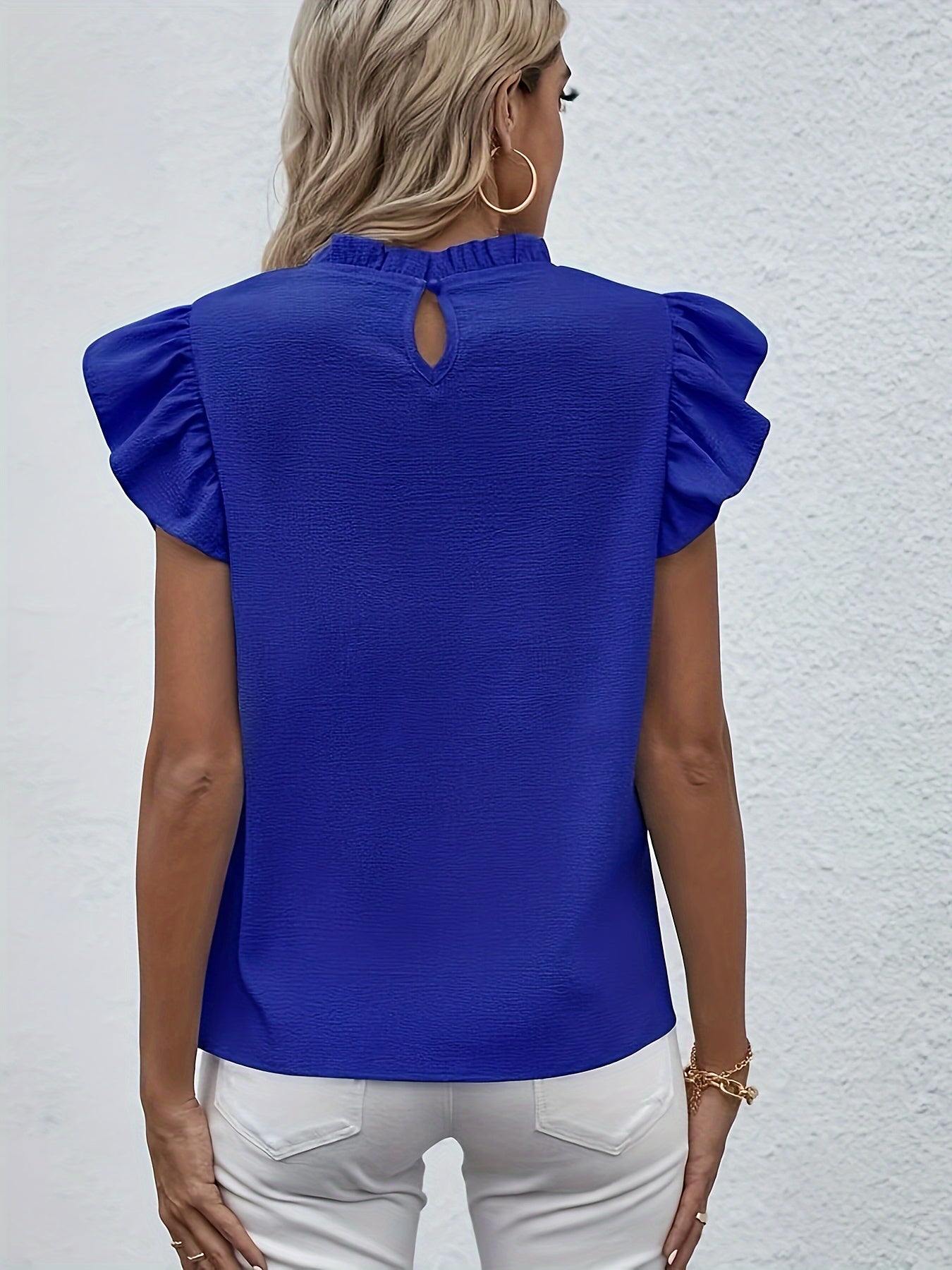 Ruffle Trim Crew Neck Blouse, Casual Solid Color Flutter Sleeve Blouse For Spring & Summer, Women's Clothing Wedding holiday vacation