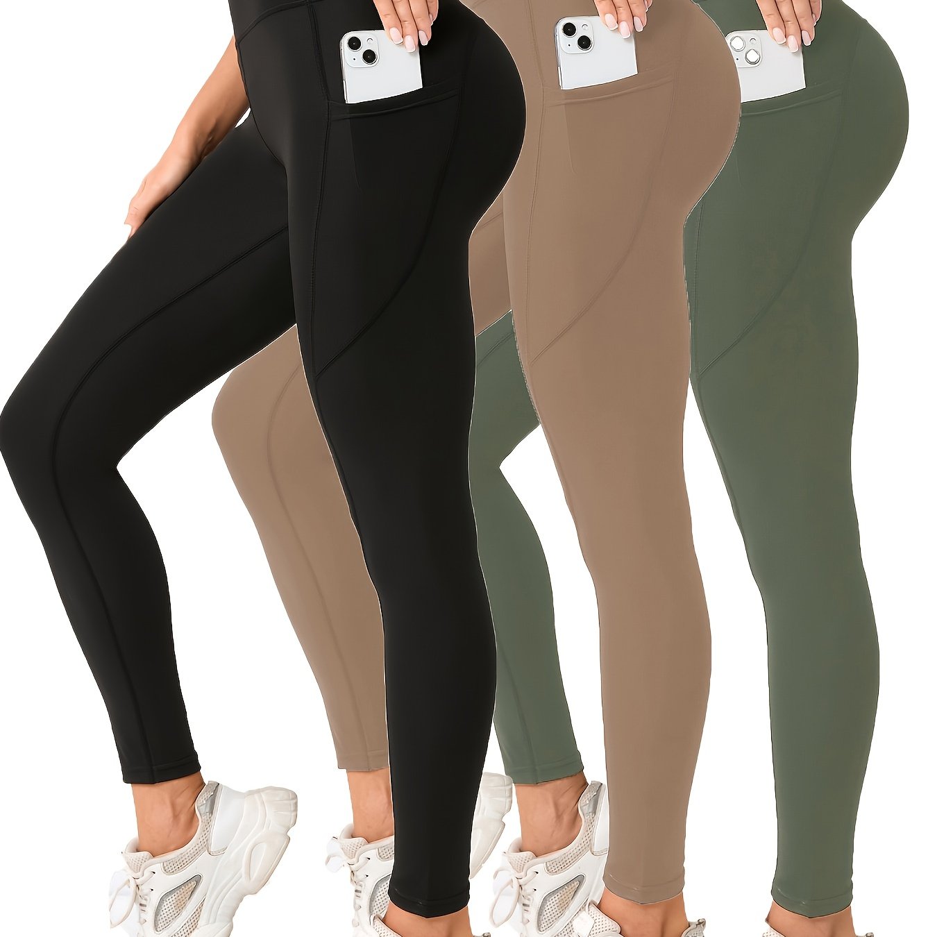 3pcs High-Waist Yoga Leggings with Pockets - Tummy Control, Slimming Effect, Stretchy & Breathable Fabric, Black/Brown/Gray, Perfect for Yoga & Casual Attire