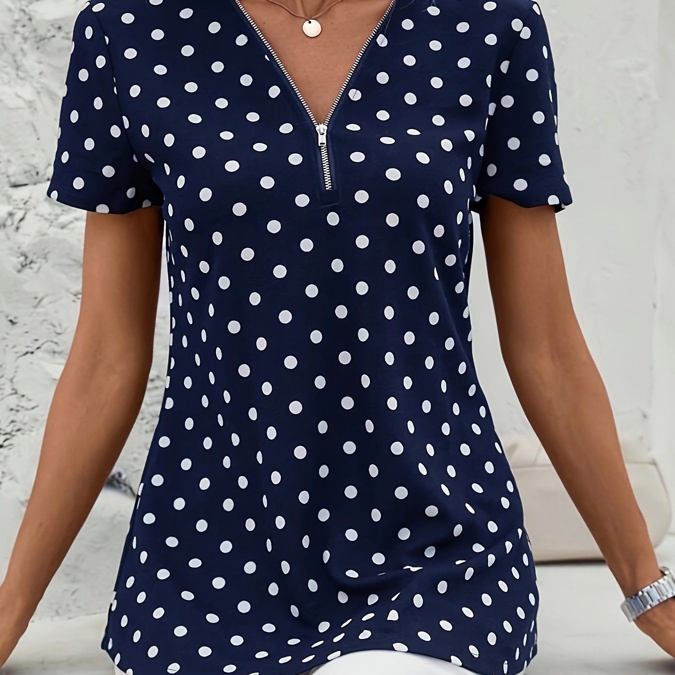 Polka Dots Print V Neck Blouse, Elegant Zipper Front Short Sleeve Blouse For Spring & Summer, Women's Clothing