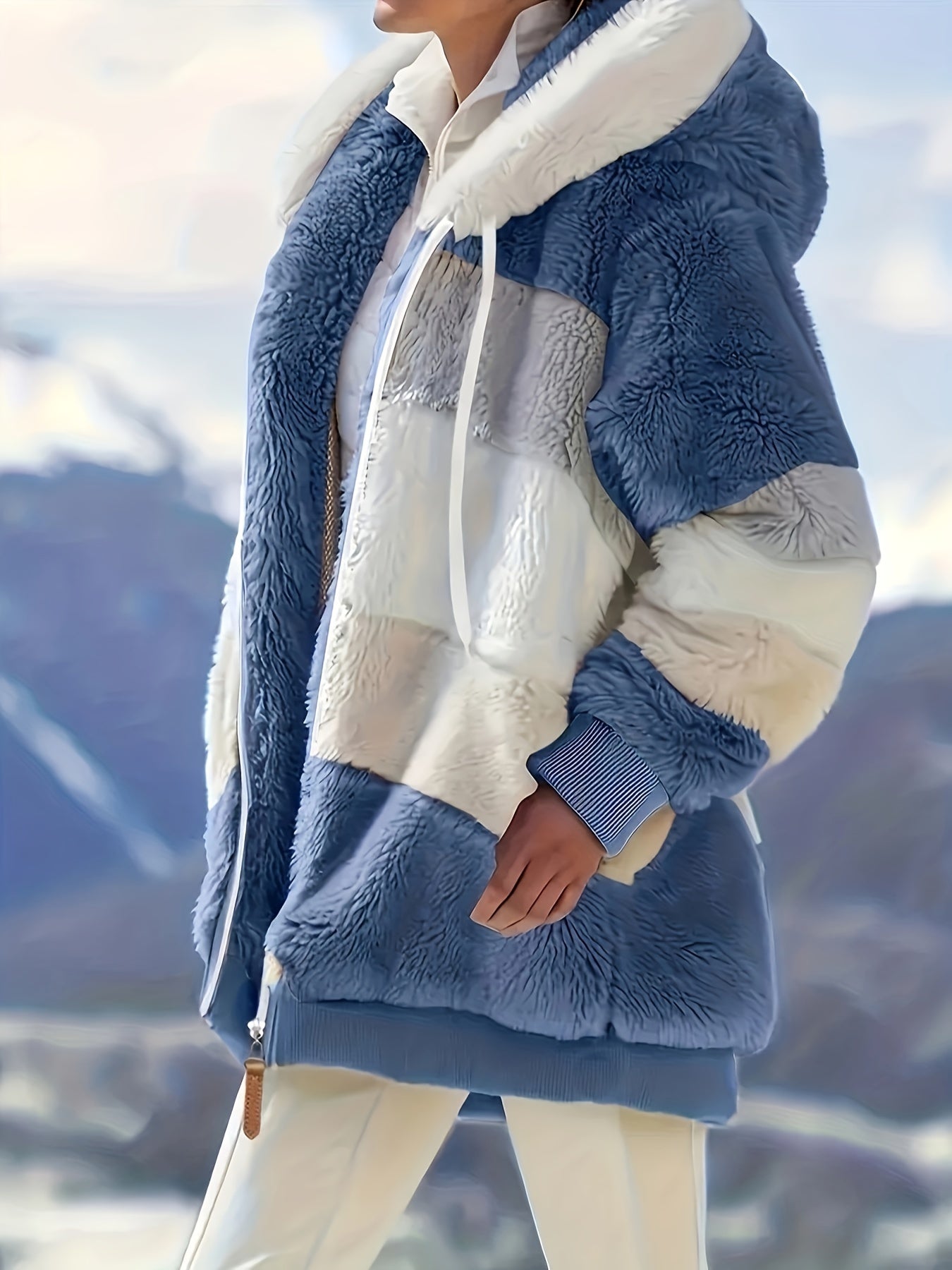 Women's Plush Faux Fur Hooded Jacket - Loose Fit Color Block Coat with Blue/Beige/White/Black Design, Long Sleeve Winter Warmth, Machine Washable for Casual & Formal Outfits, Ladies Winter Coats, Autumn Layering Piece, Formal