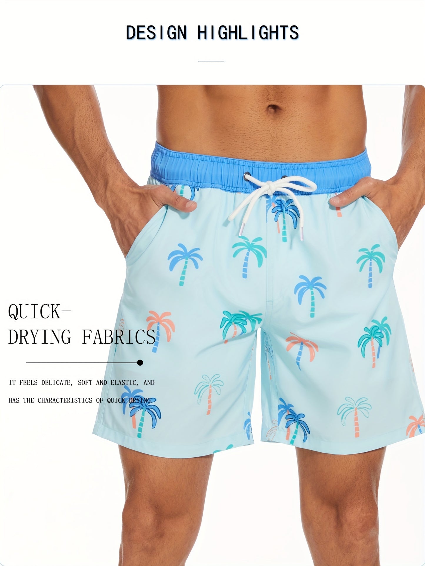 Men's Quick-Dry Beach Shorts with Tropical Palm Tree & Palm Leaf Print - Breathable Stretch Fabric for Summer, Outdoor, Hiking, Swimming - Machine Washable Casual Athletic Shorts, Outdoor Activewear, Summer Shorts