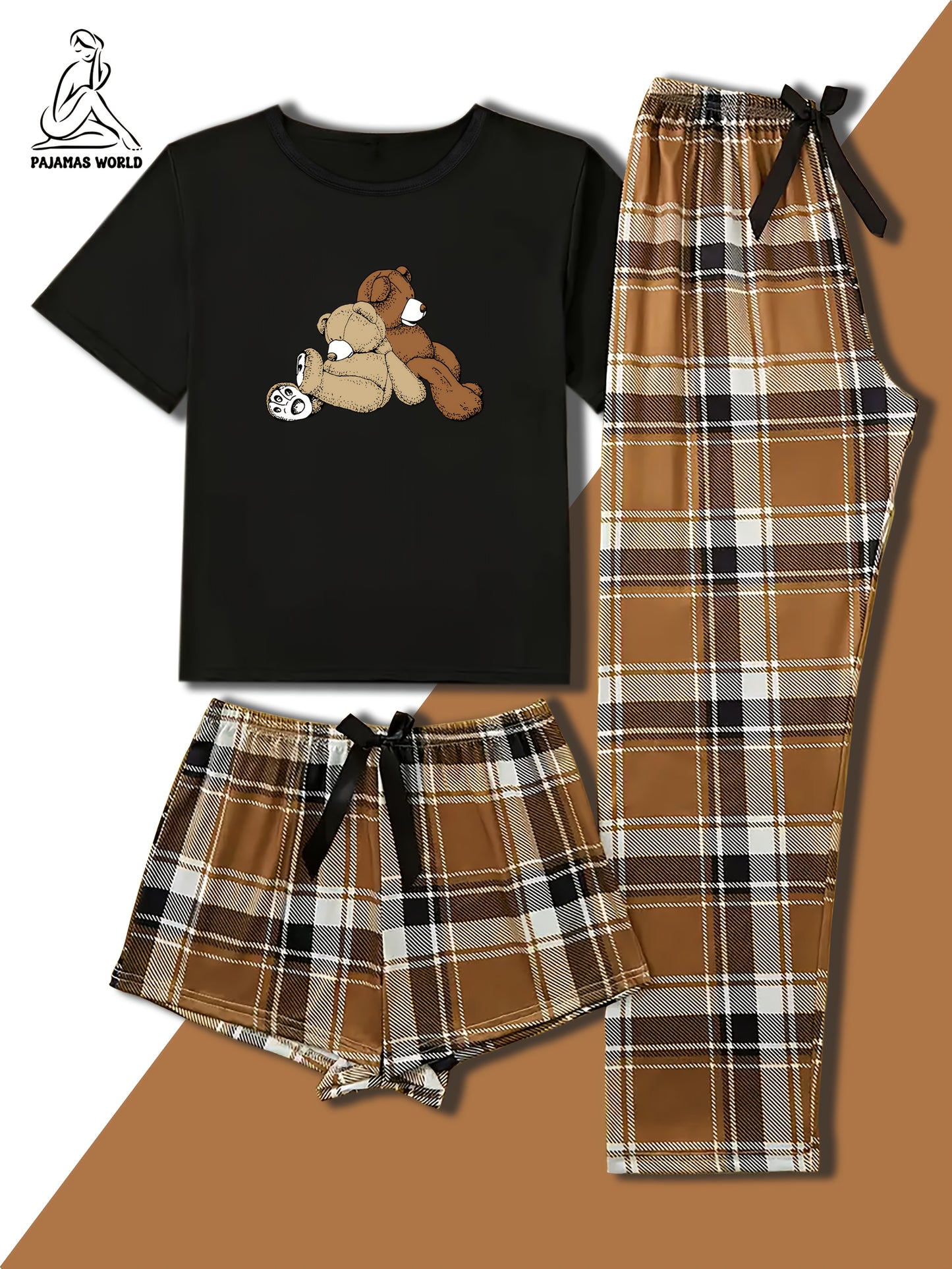 Women'S Casual Cartoon Bear & Plaid Pajama Set - Soft, Loose-Fit Short Sleeve Top with Elastic Waistband, Long Pants & Shorts, Cozy Fall/Winter Sleepwear