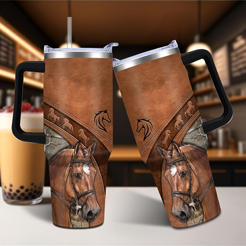 40oz Stainless Steel Horse Tumbler - Double-Wall Insulated Coffee Mug with Lid, Leak-Proof Travel Cup for Hiking & Outdoor Adventures, PVC-Free, Hand Wash Only - Ideal Gift for Equestrians and Animal Enthusiasts