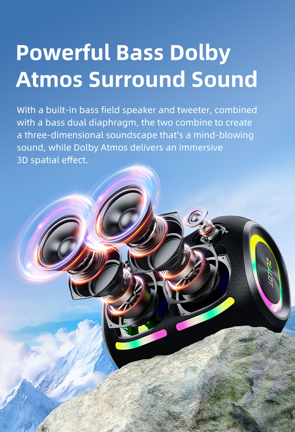 ZEALOT ZE01 120W High-power Wireless Speaker, Outdoor Portable, IPX5, And 4 Speakers, Built-in 24000mAh Battery, With RGB Color Lights, SD, USB, AUX, Internet Dual Pairing Function, Hands-free Calling, Supports Mobile Phones,