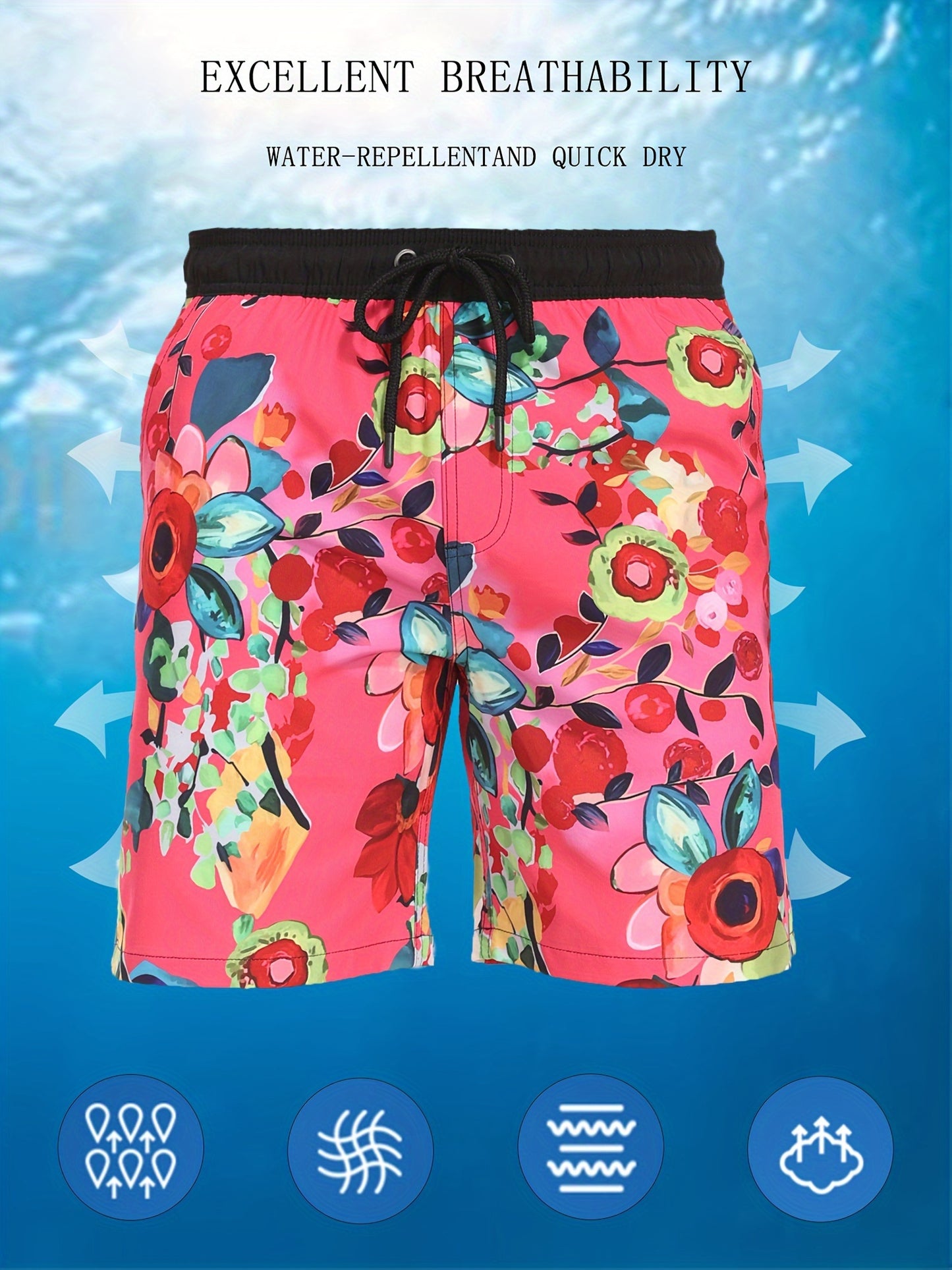 Men's Quick-Dry Beach Shorts with Tropical Palm Tree & Palm Leaf Print - Breathable Stretch Fabric for Summer, Outdoor, Hiking, Swimming - Machine Washable Casual Athletic Shorts, Outdoor Activewear, Summer Shorts