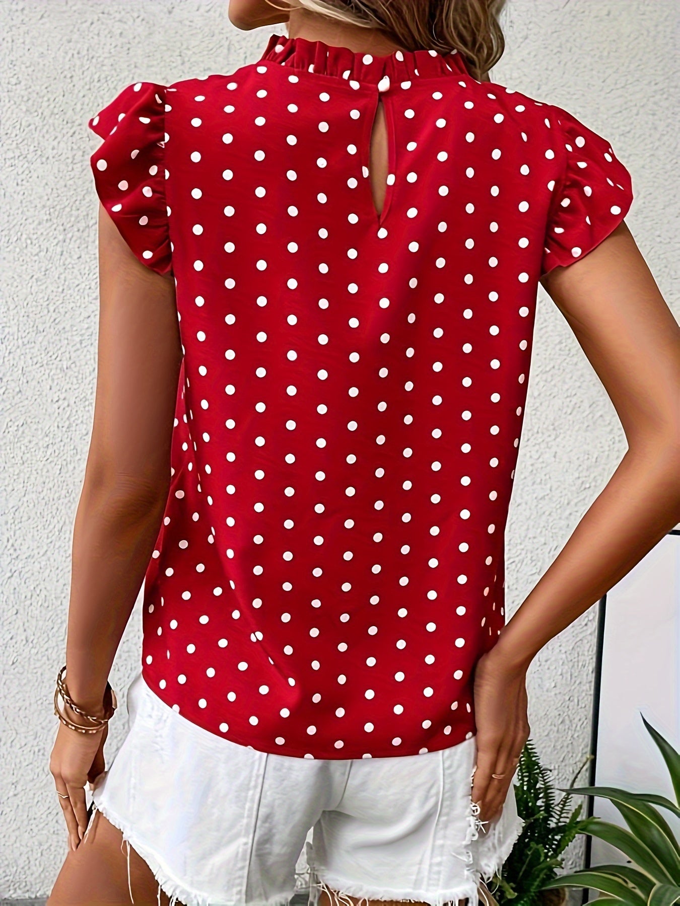 Polka Dot Print Mock Neck Blouse, Elegant Ruffle Sleeve Blouse For Spring & Summer, Women's Clothing