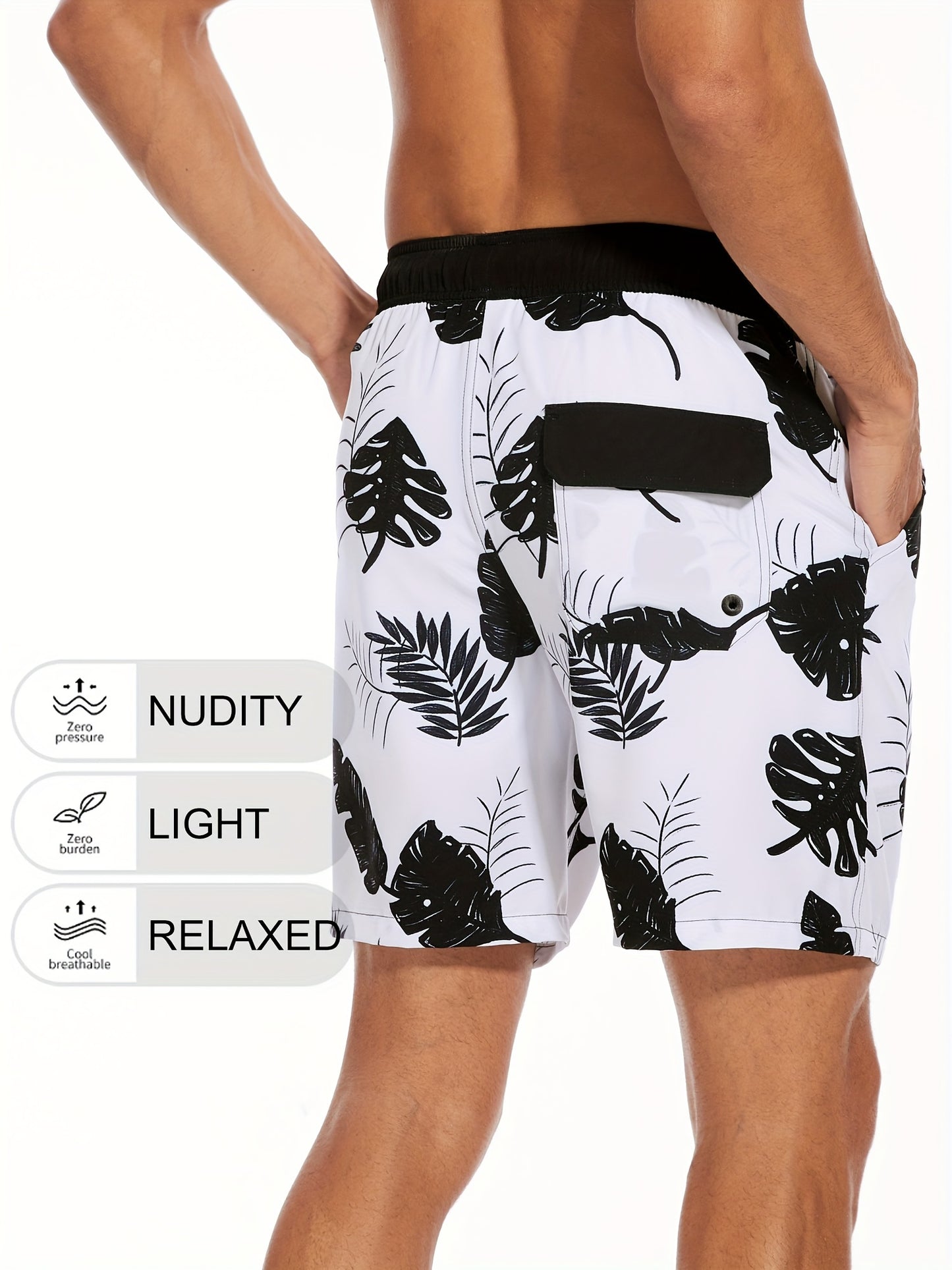 Men's Quick-Dry Beach Shorts with Tropical Palm Tree & Palm Leaf Print - Breathable Stretch Fabric for Summer, Outdoor, Hiking, Swimming - Machine Washable Casual Athletic Shorts, Outdoor Activewear, Summer Shorts