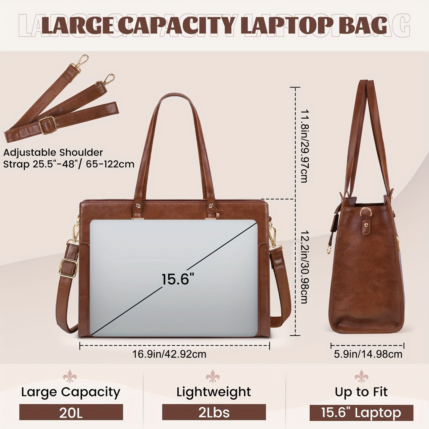 Vintage Brown Laptop Tote Bag for Women - 39.62 cm High Quality Business Office Shoulder Handbag with Multiple Compartments, Adjustable Strap & Golden-Tone Hardware, Textured Finish, Laptop Bag