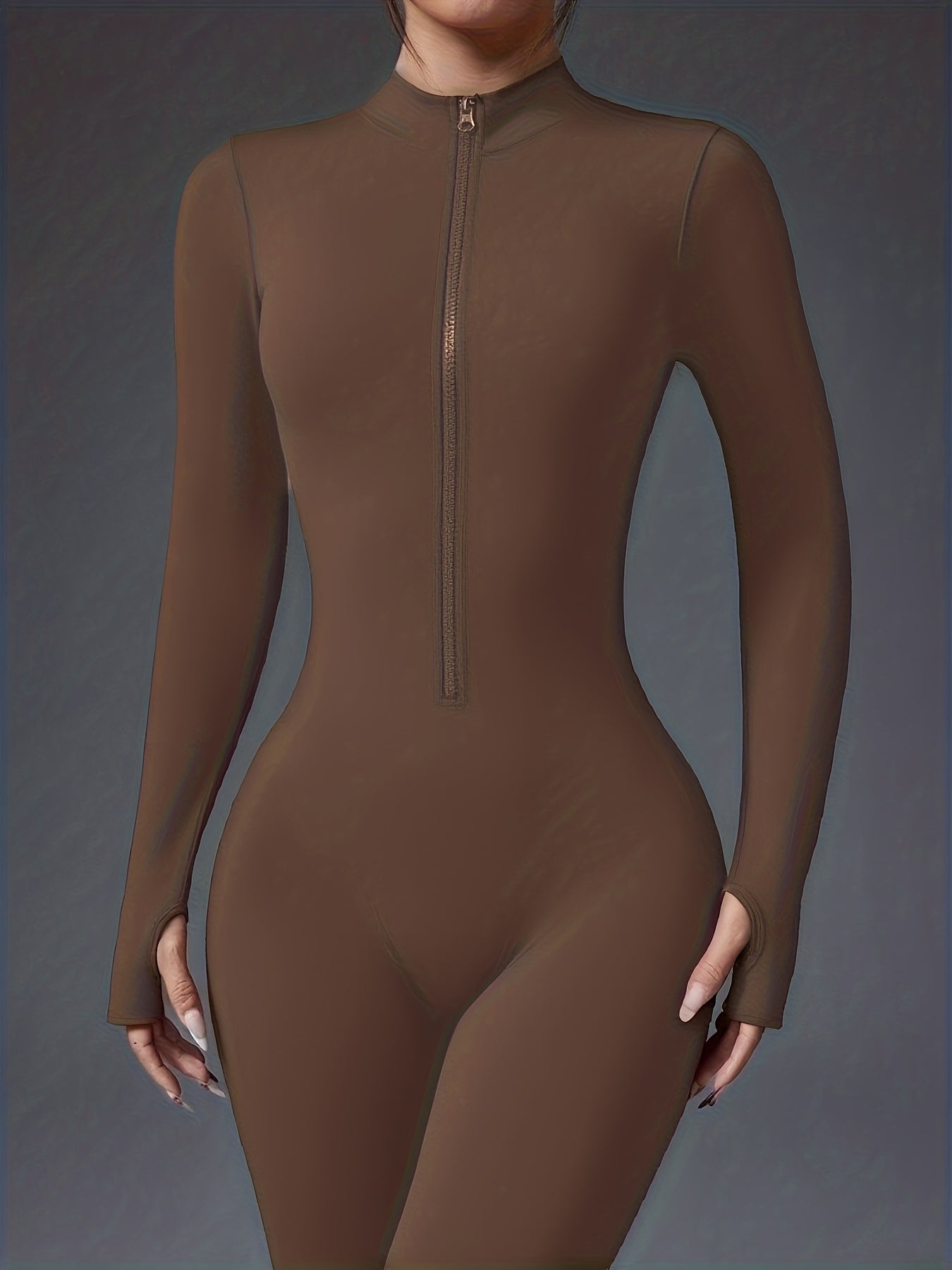 Women's Full-Length Zipper Jumpsuit - Full-Body Compression-like Fit (Tummy Control) - High-Elasticity Slim-Fit Long Sleeve Athleisure Suit for,, Dance - All-Season Outfit ( swear) - Easy-Care (No Bulk) -