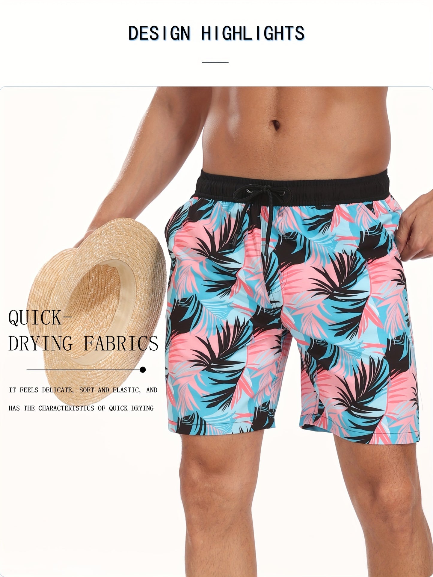 Men's Quick-Dry Beach Shorts with Tropical Palm Tree & Palm Leaf Print - Breathable Stretch Fabric for Summer, Outdoor, Hiking, Swimming - Machine Washable Casual Athletic Shorts, Outdoor Activewear, Summer Shorts