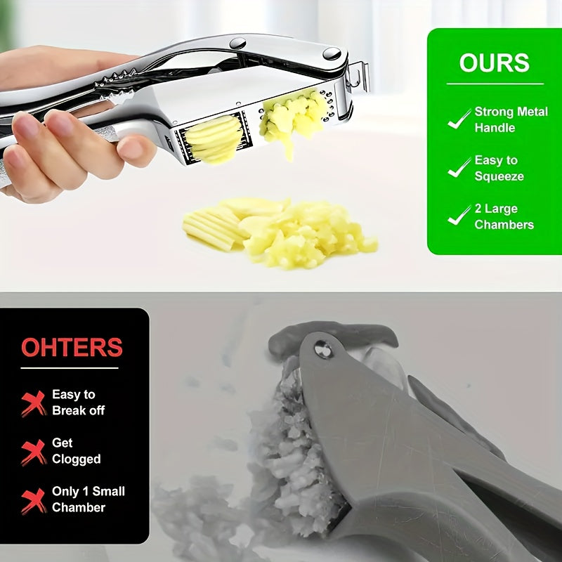 Manual Garlic Press and Slicer | Durable Metal Kitchen Tool for Efficient Mincing & Dicing | Easy-to-Clean, Multi-Use for Sauces & Marinades | Ideal for Home and Restaurant Use, Garlic Crusher