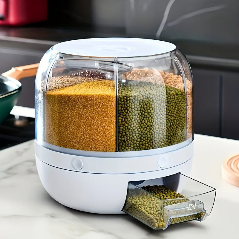 360° rotating partitioned rice bucket, rotatable home-use pest and moisture-proof multi-functional sealed rice storage box, classified grain and bean storage