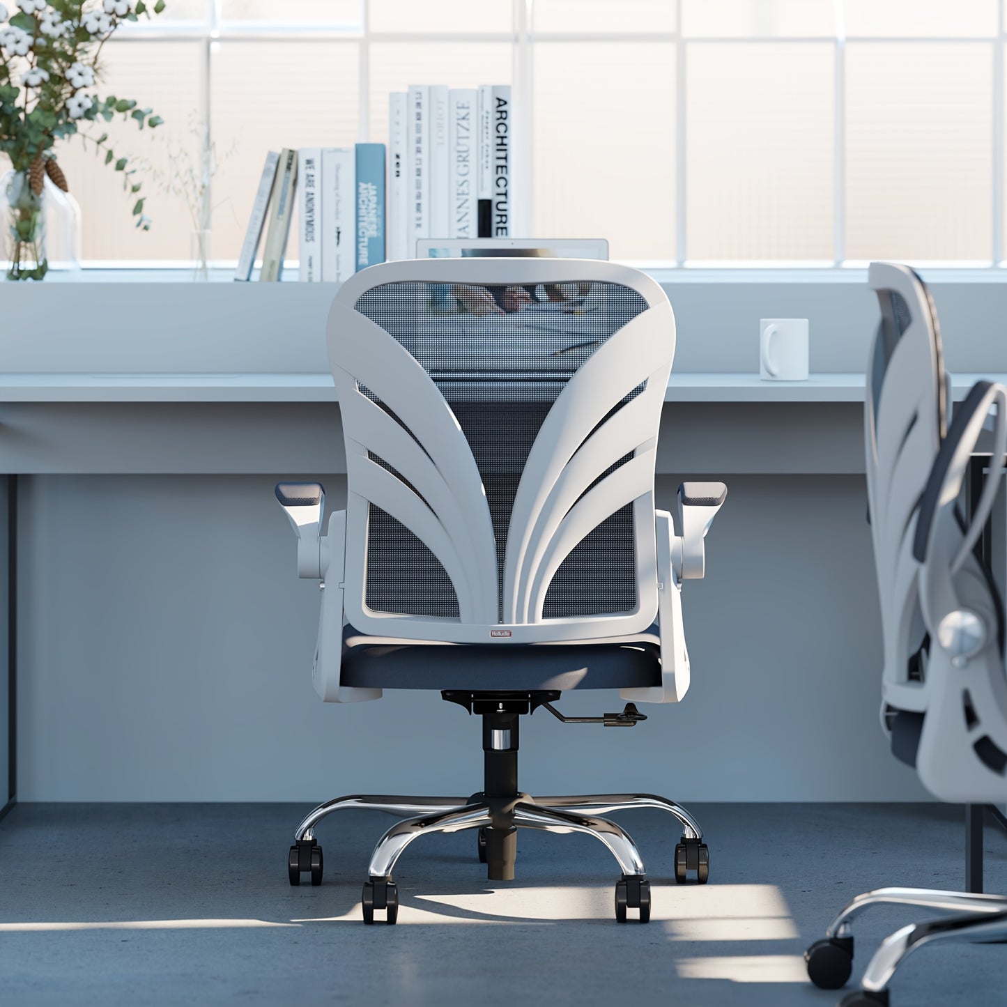 Ergonomic Office Chair with Foldable Space-Saving Design, Breathable Mesh Back & Adjustable Lumbar Support, Flip-Up Armrests, Height-Adjustable - Heavy-Duty Plastic Frame, Foam Padding, White/Black Color Options - Ideal for H