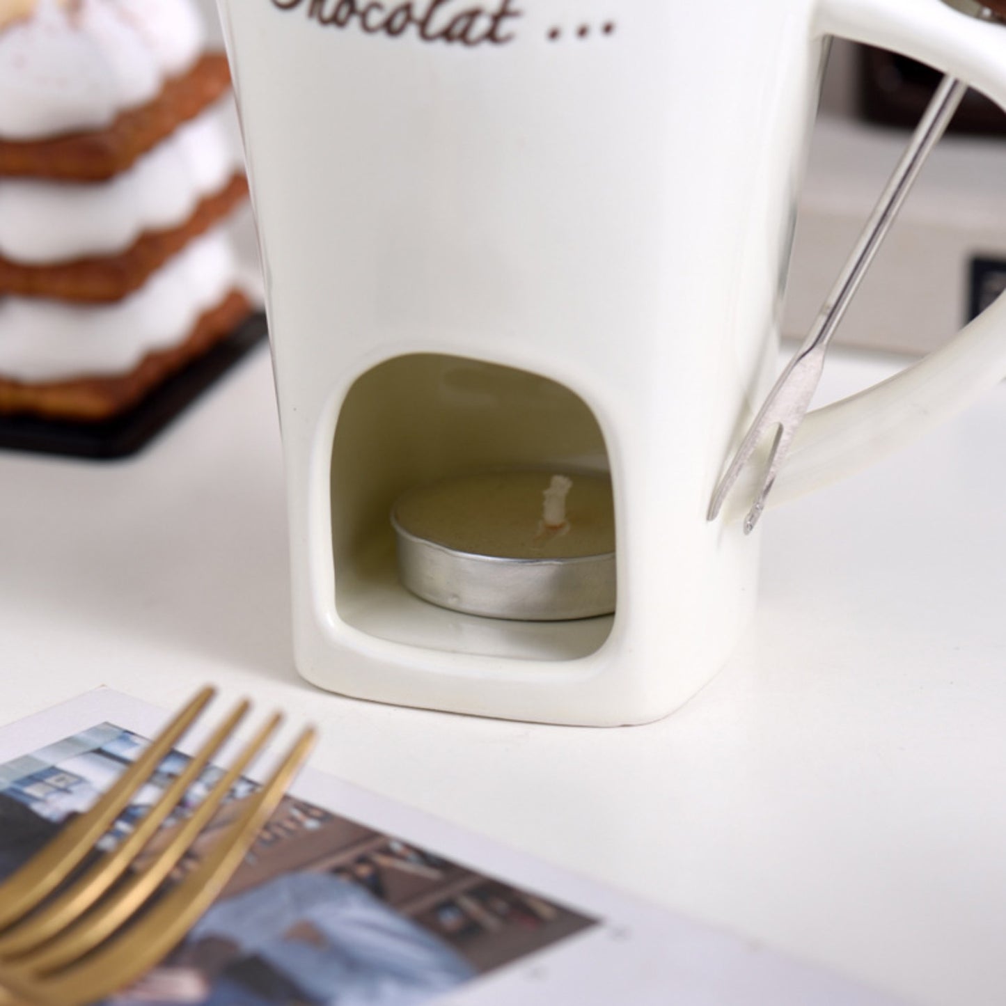 TFS Chocolate Fondue Mug - Ceramic, Reusable, Hand-Wash Only, Multipurpose Hot Chocolate & Fondue Pot with Whisk, Ideal for Cheese, Caramel, Butter, Hot Chocolate Making | Whisked Drinkware | Durable Drinkware