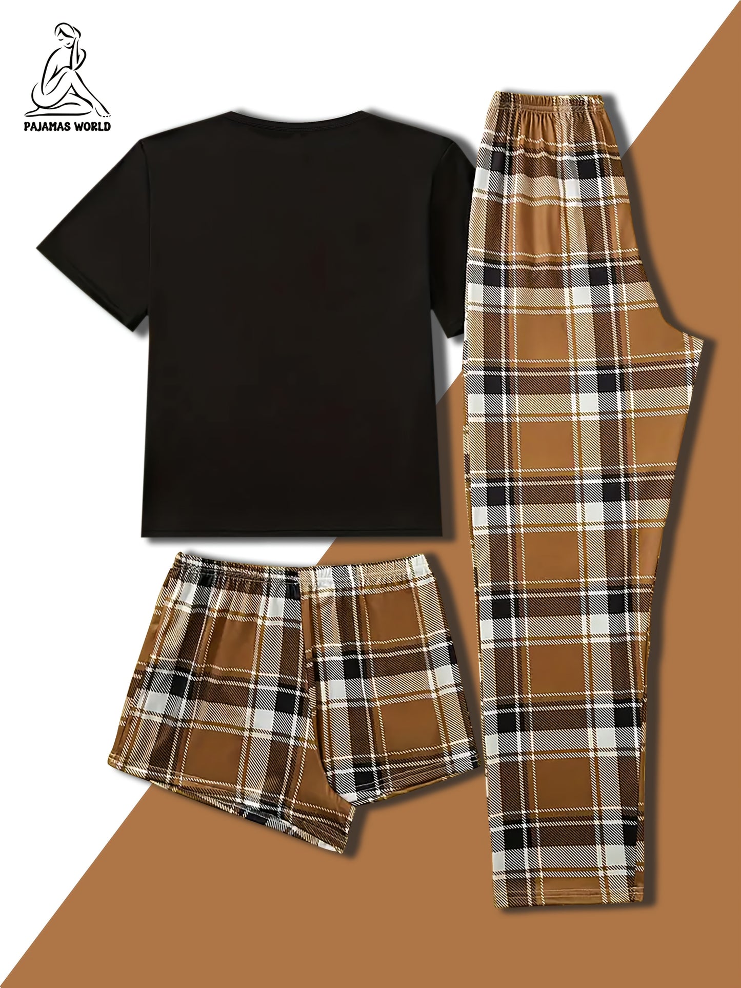 Women'S Casual Cartoon Bear & Plaid Pajama Set - Soft, Loose-Fit Short Sleeve Top with Elastic Waistband, Long Pants & Shorts, Cozy Fall/Winter Sleepwear