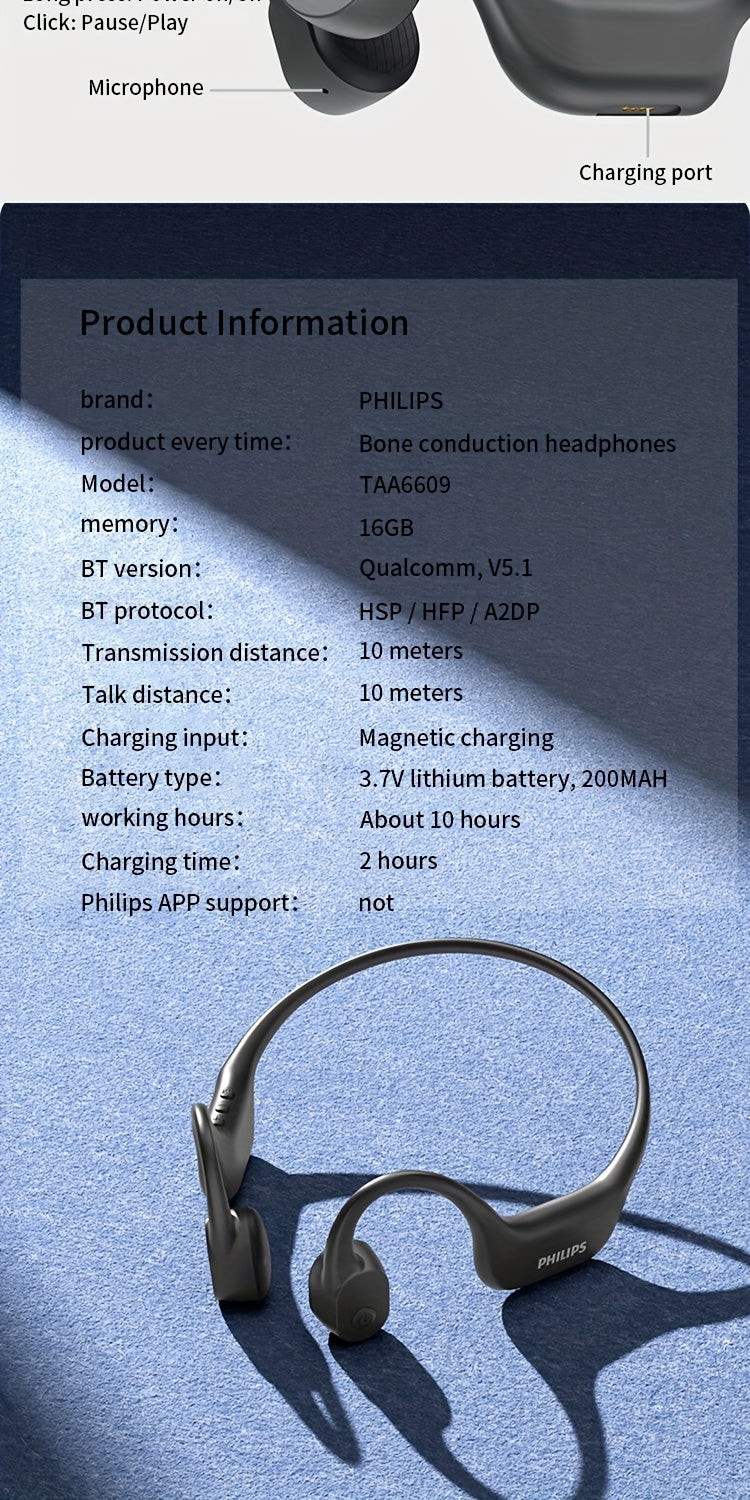 Philips bone conduction TAA6609 wireless headphones, all-round sports running wireless hanging ear open earset, ultra-long battery life, built-in 16G memory and wireless dual-mode convenient download song playback, swimming,