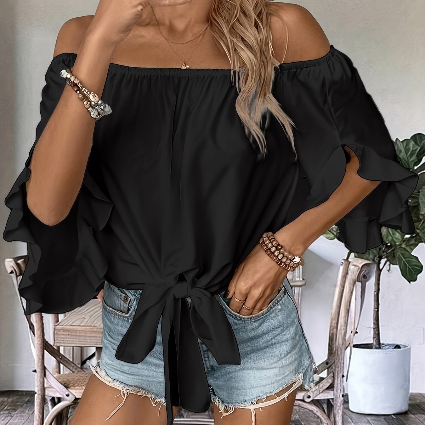 Ruffle Trim Off-shoulder Blouse, Casual Knot Hem Three-quarter Sleeve Blouse For Spring & Summer, Women's Clothing