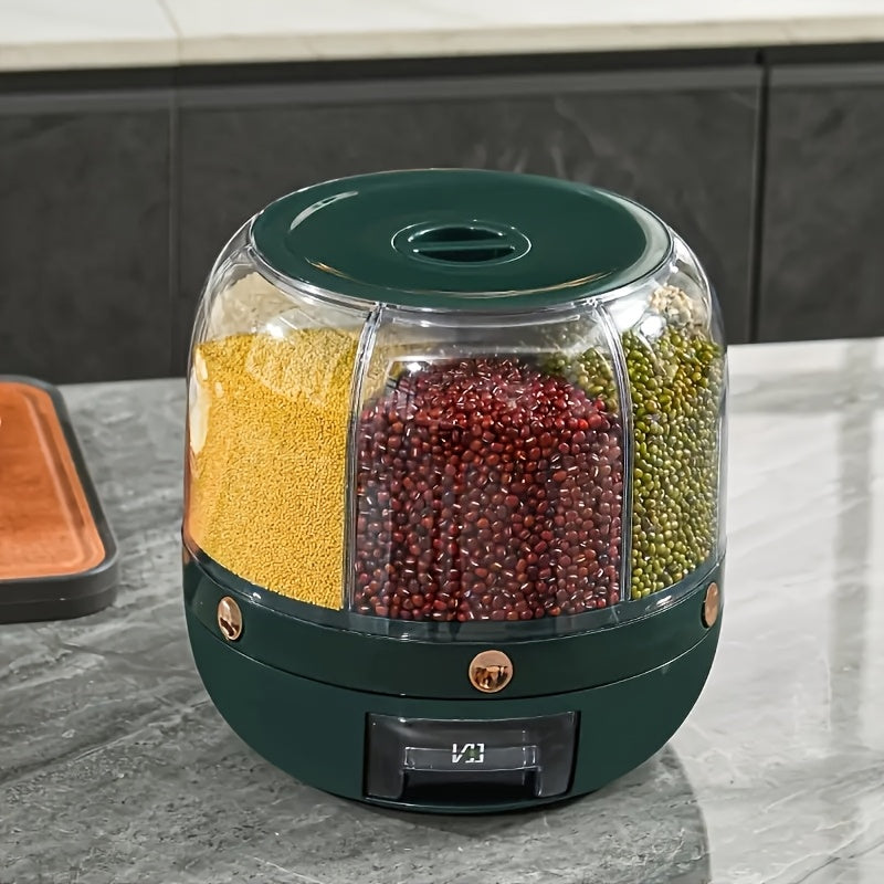 360° rotating partitioned rice bucket, rotatable home-use pest and moisture-proof multi-functional sealed rice storage box, classified grain and bean storage