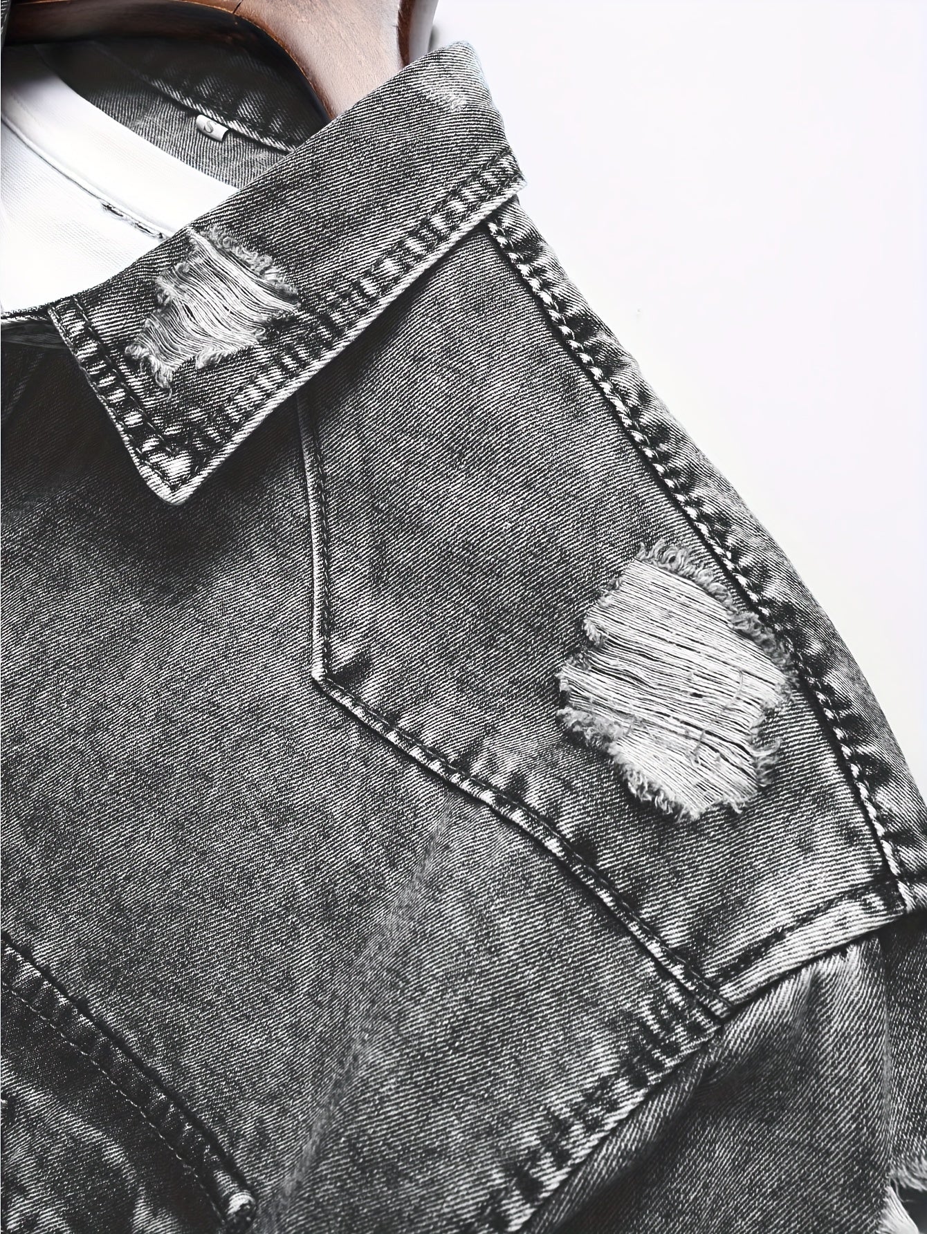 Men's Trendy Ripped Design Casual Button Up Long Sleeve Denim Shirt, Men's Clothes For Spring Summer Autumn, Tops For Men