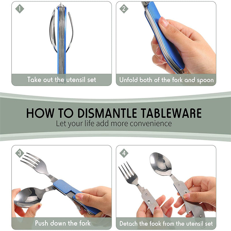 Stainless Steel 4-in-1 Outdoor Tableware Set with Folding Spoon, Fork, Knife, and Bottle Opener - Perfect for Camping, Picnics, Hiking, and Travel