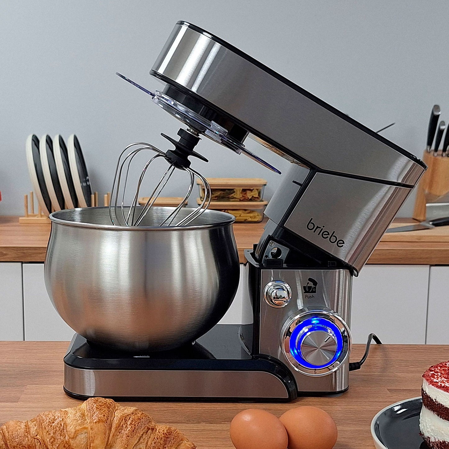 Mixer Kneader Pastry 1800W MAX, Professional Kitchen Robot + Scale, Orbital Movement, Rods, Dough Hook, 5 L Bowl, 6 Speeds + Pulse Function, Stainless Steel KM1114B, Briebe, Stainless Steel