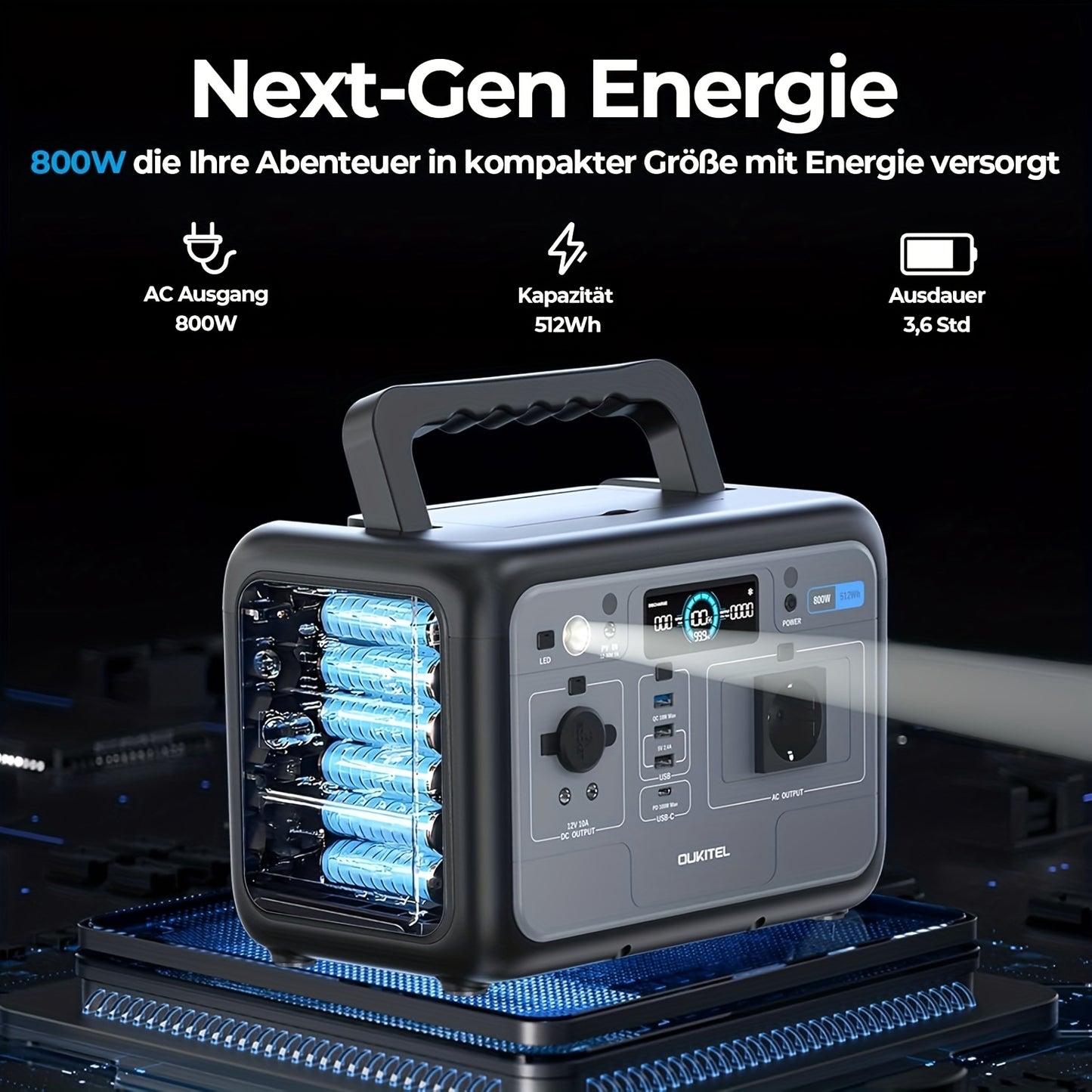 OUKITEL P800 Portable Power Station, 512Wh Solar Generator (w/Lithium Lron Phosphate), 800W(Surge 1600W) AC Output/Sine Wave 230V, 0.9 Hour Fast Charge, PD100W For Camping/RV Emergency Power Supply, For RV, Car, Outdoor, Camp