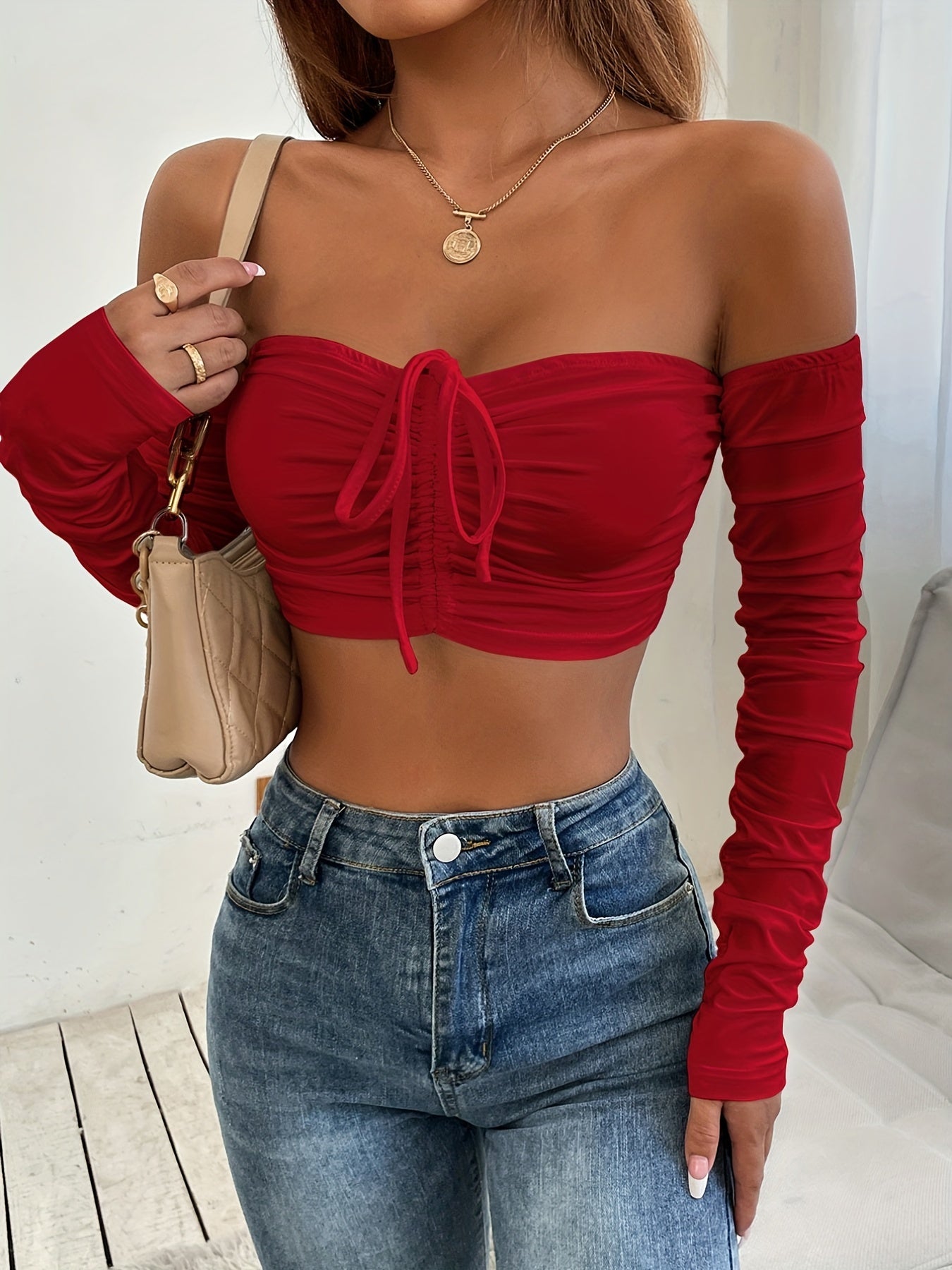 Off Shoulder Ruched T-shirt, Sexy Cropped Drawstring Long Sleeve T-shirt, Women's Clothing