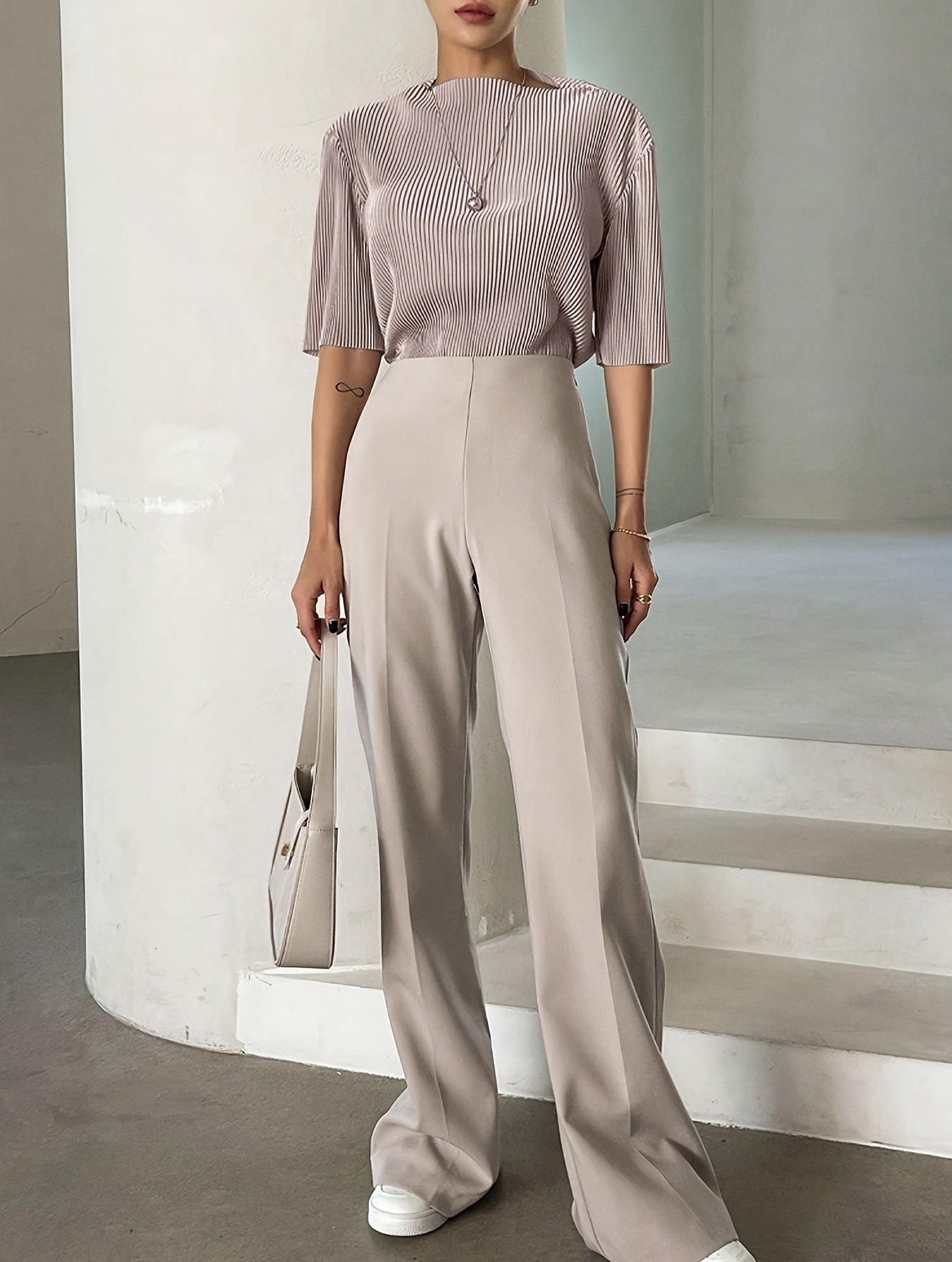 Boat Neck Textured Blouse, Elegant Half Sleeve Blouse For Spring & Summer, Women's Clothing