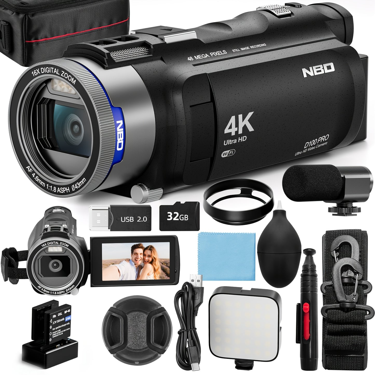 NBD 4K Ultra HD Camcorder Video Camera with True 48MP, Vlogging Camera with Wi-Fi & App Control, Video Recorder with 3X Battery Life, 16X Zoom, External Mic, 270° IPS Screen, Suitable for Recording A Better Life.