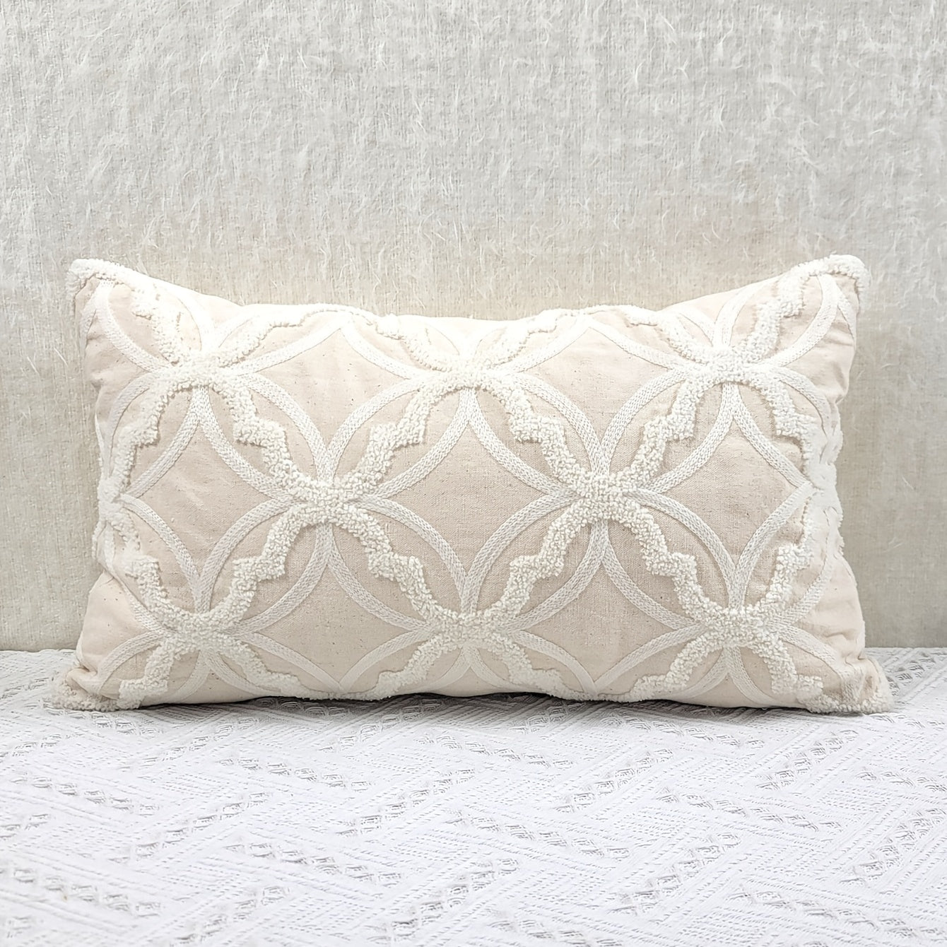 1pc Geometric Pattern Towel Embroidery Cushion Cover, Beige Base Fabric with White Embroidery