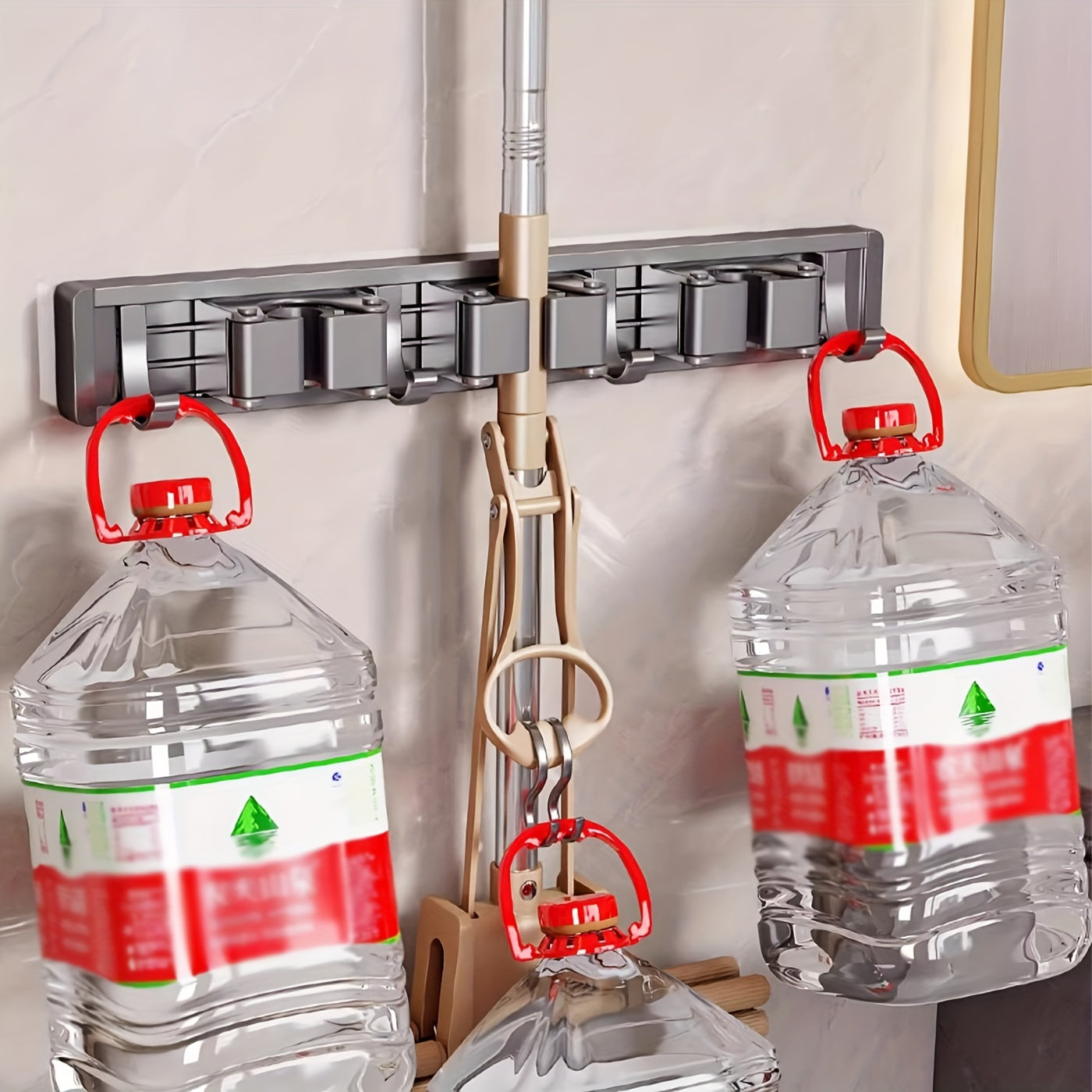 Bathroom Storage Rack Metal Mop & Broom Holder with Adjustable Hooks, Wall-Mounted Storage Organizer for Home, Kitchen, Garden, Laundry, Garage - Lacquered, Space-Saving Shelf for Mops, Brooms, Tools, Shelves