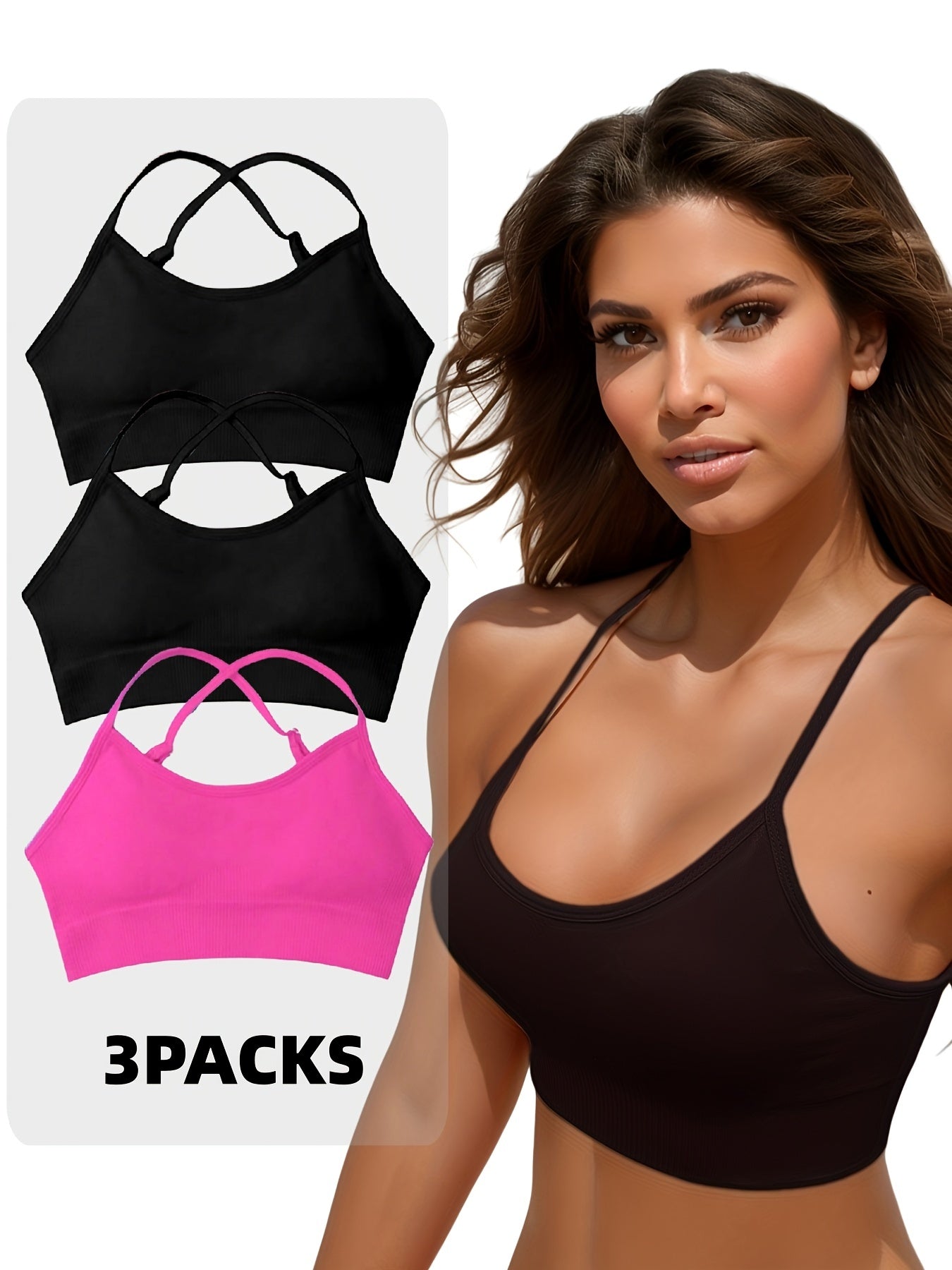 3 pcs Breathable Criss Cross Sports Bra for Women - Sleeveless Yoga Crop Top with Adjustable Straps - Perfect for Fitness and Activewear