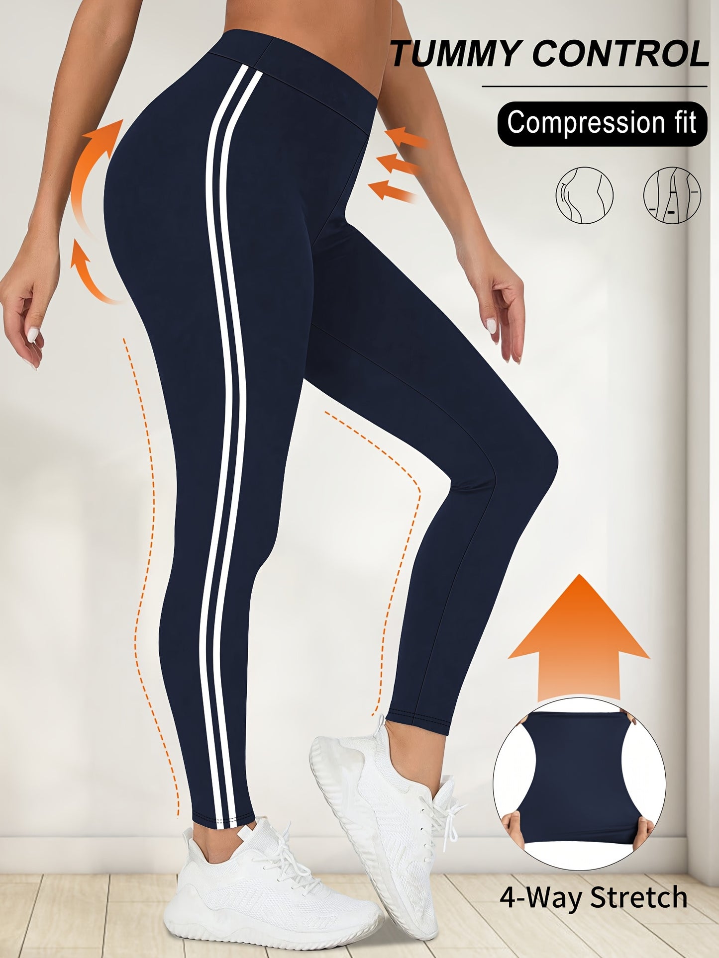 Women'S High-Waisted Black Side Stripe Leggings - Compression Fit, 4-Way Stretch, Crop Length, Sports Pants for Fitness and Casual Wear, Athletic Wear|Side Stripe Leggings|Compression Fit Leggings