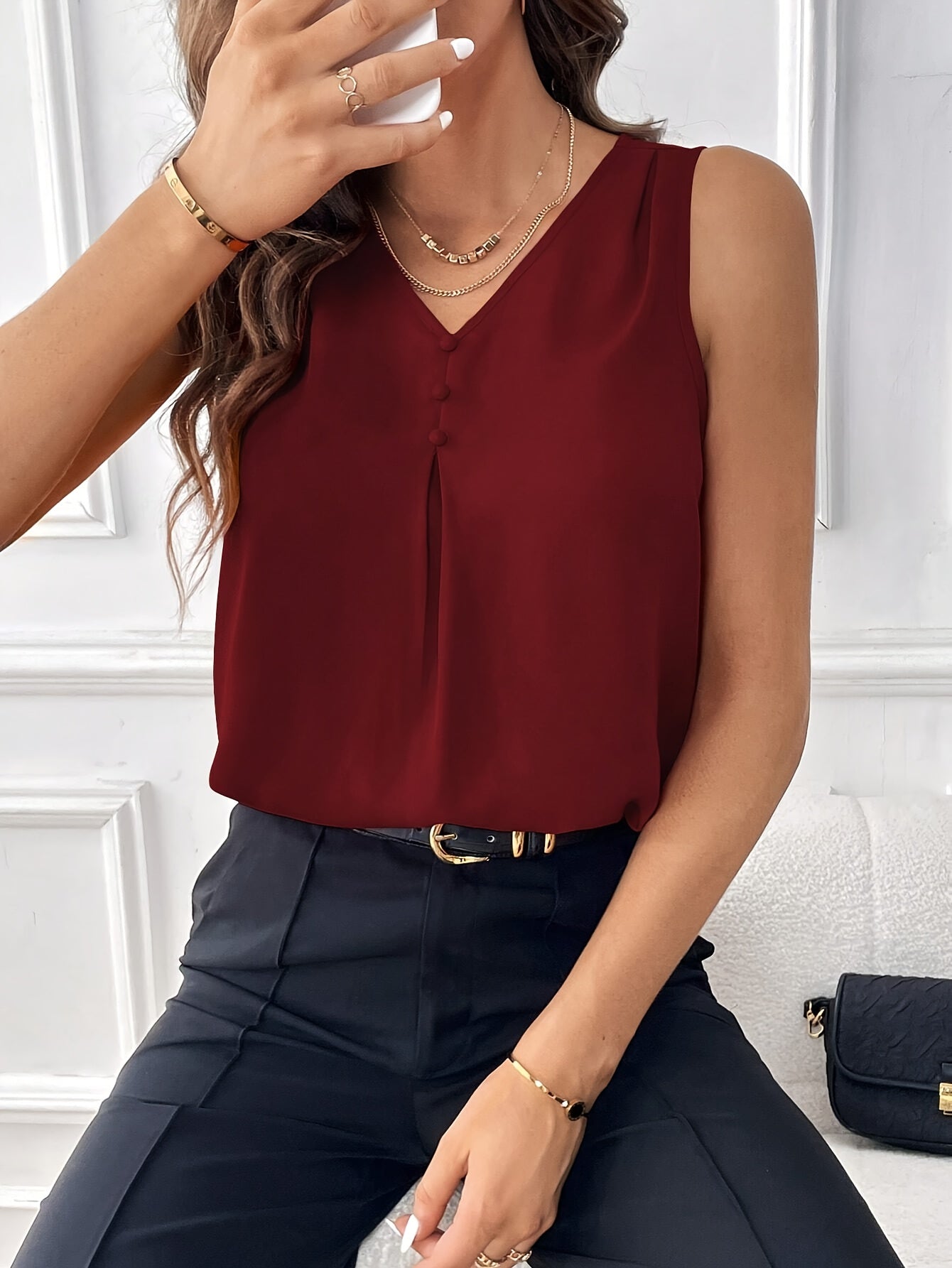 Solid Color V Neck Blouse, Casual Sleeveless Button Detail Tuck Top For Spring & Summer, Women's Clothing