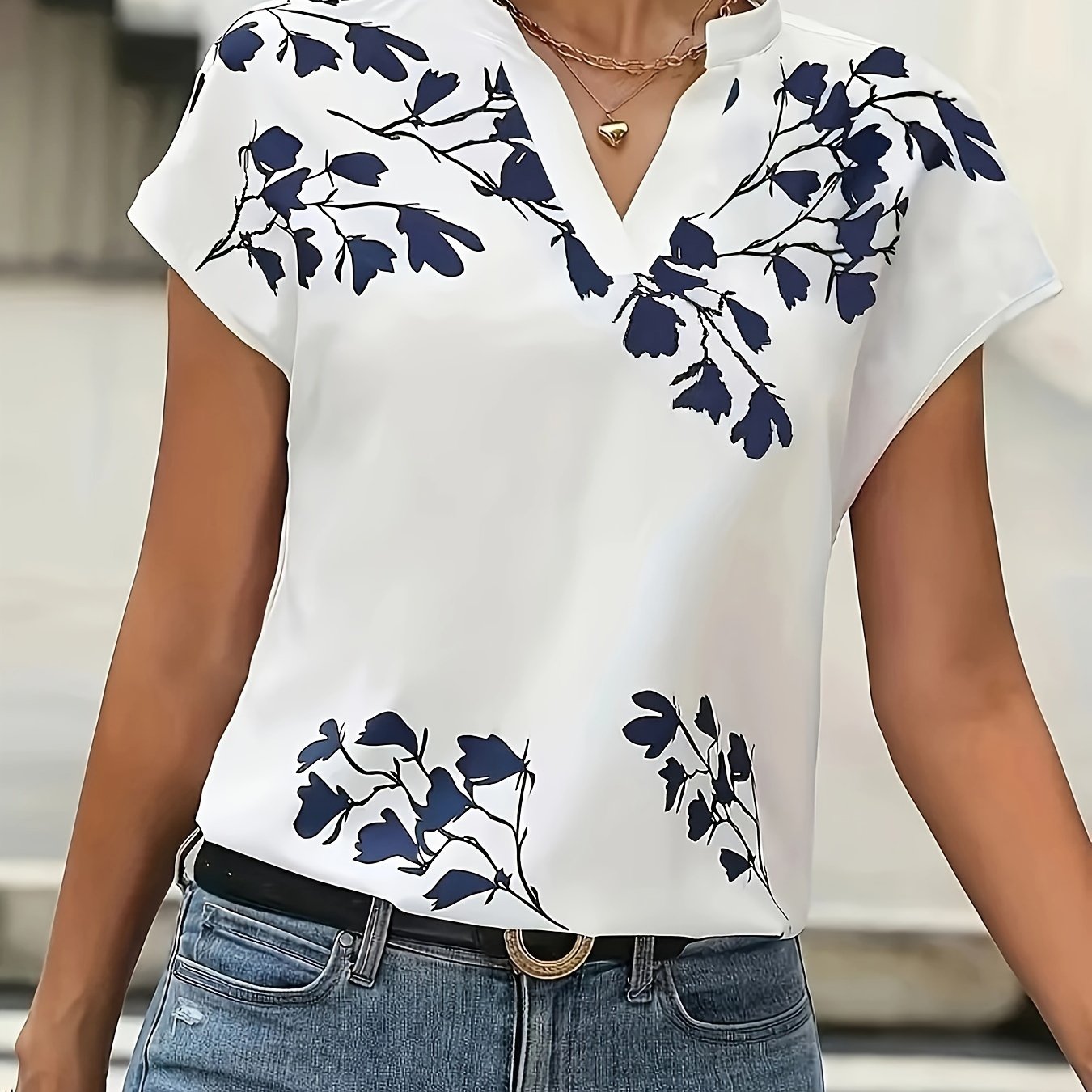 Floral Print V Neck Blouse, Boho Short Sleeve Top For Spring & Summer, Women's Clothing