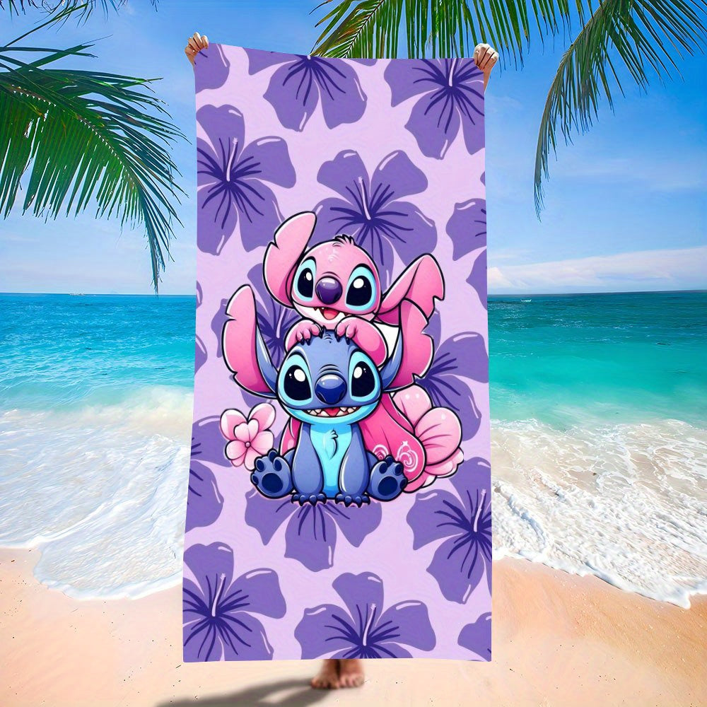 1pc Stitch Beach Towel - Soft Microfiber, Quick-Dry, Vibrant Purple & Pink Floral Design, Perfect for Yoga, Travel, Swimming, Fitness, Camping - Ideal St. Patrick'S Day Gift, Beach Accessories | Playful Design | Quick Dry Tow