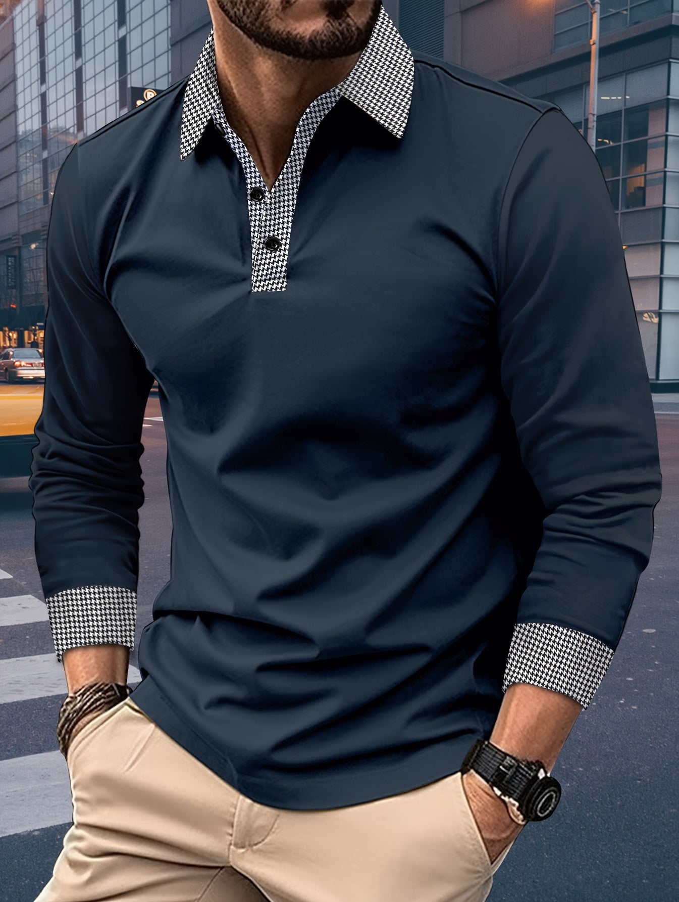 Men's Casual V-Neck Long Sleeve Rugby Shirt For Spring Autumn, Men's Clothing
