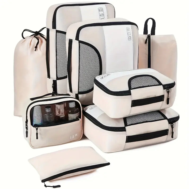 8pcs Compression Packing Cubes Set - Premium Luggage Organizers with See-Through Windows, Space-Saving Travel Storage System with Laundry Bag, Polyester, Zipper Closure, Casual Style, Ideal for Apparel, Travel Accessories|Cas