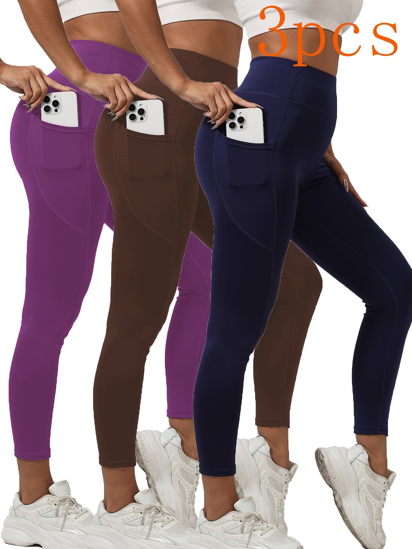 3pcs High-Waist Yoga Leggings with Pockets - Tummy Control, Slimming Effect, Stretchy & Breathable Fabric, Black/Brown/Gray, Perfect for Yoga & Casual Attire