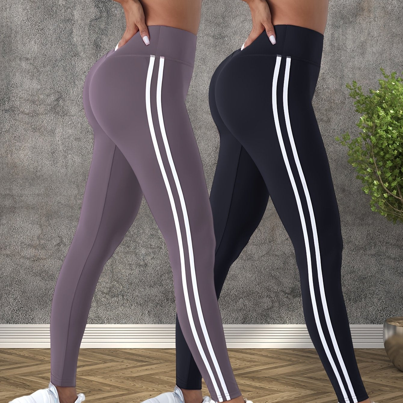 2pcs Women'S High-Waisted Yoga Pants - Side Stripe, Outdoor Sports Tights, Butt-Lifting Tummy Control Leggings, Comfortable Breathable Wide Waistband