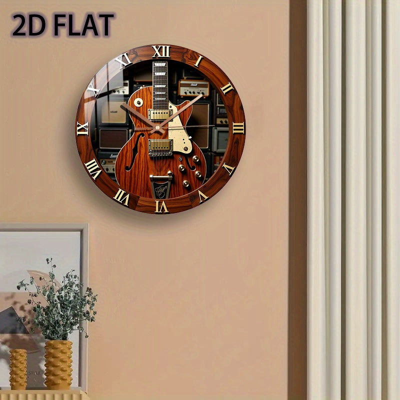 12-Inch Silent Quartz Wall Clock with Electric Guitar Design – Brown Wood Texture, Metal Components, Battery Operated (AA Not Included) – Perfect for Bedroom, Kitchen, Study, or Garage Decor, Clock Wall Decor