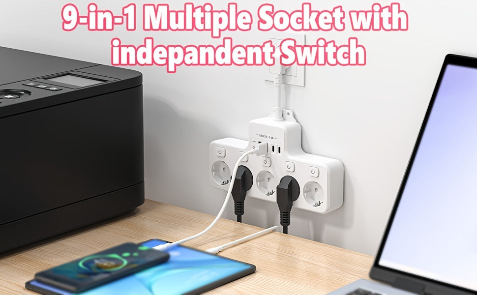 A 9-In-1 Power Strip with USB, Featuring 5 EU Sockets with Individual And Master Switches, 2 USB-A And 2 USB-C Ports, Flexible Cable Sockets, Wall-Mounted Design, Suitable for Home, Kitchen, Office, And Travel.