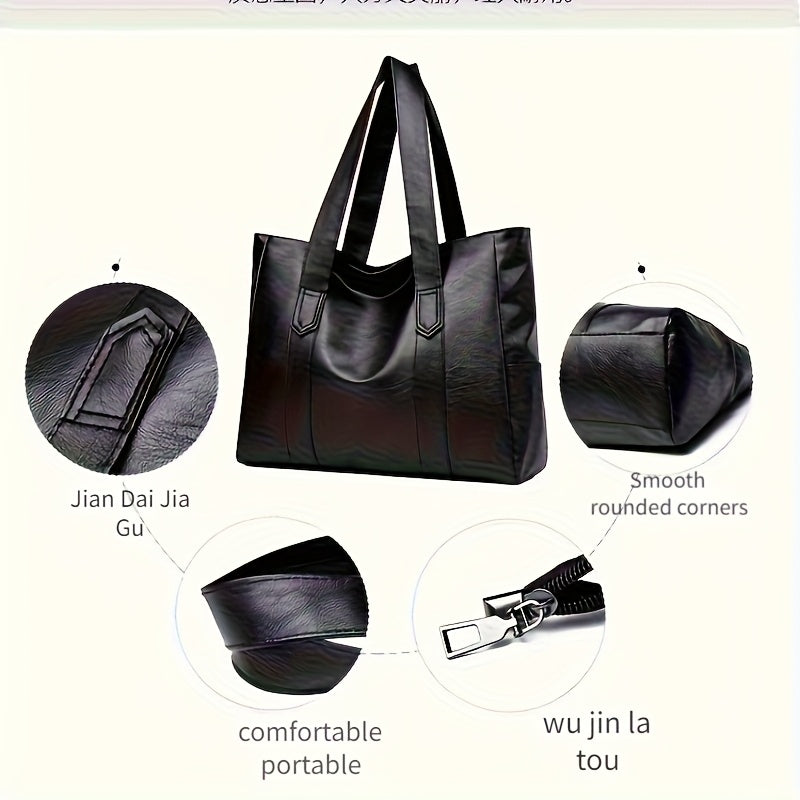 1pc Elegant Women's Shoulder Tote Bag - Large Capacity Durable PU with Zipper Closure, Double Handles & Polyester Lining, Deep Brown/Black - Perfect for Work,, Travel - Ideal Gift for Students & Professionals, Work Handbag, S