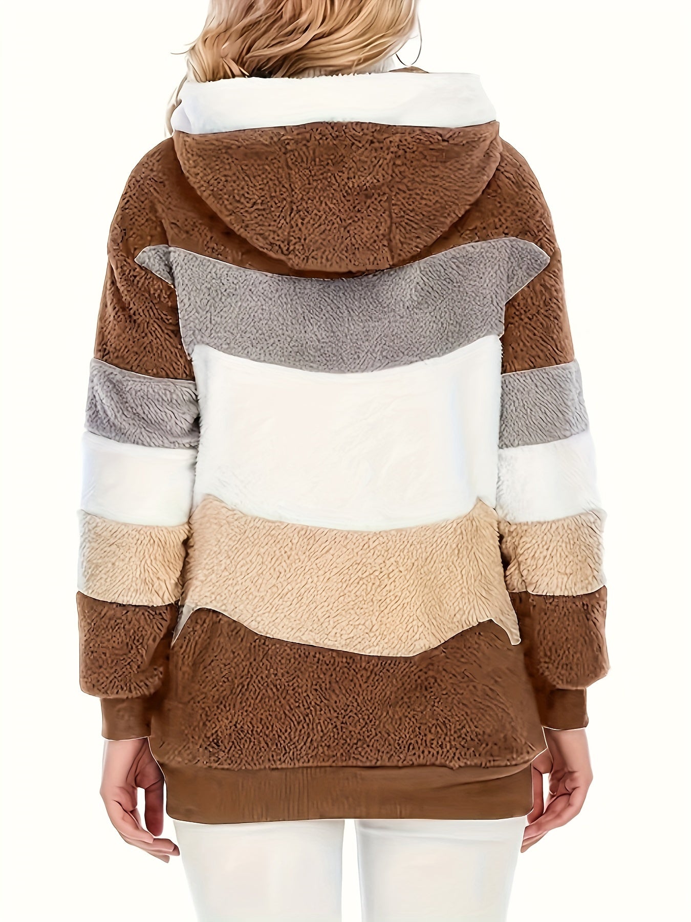 Women's Plush Faux Fur Hooded Jacket - Loose Fit Color Block Coat with Blue/Beige/White/Black Design, Long Sleeve Winter Warmth, Machine Washable for Casual & Formal Outfits, Ladies Winter Coats, Autumn Layering Piece, Formal
