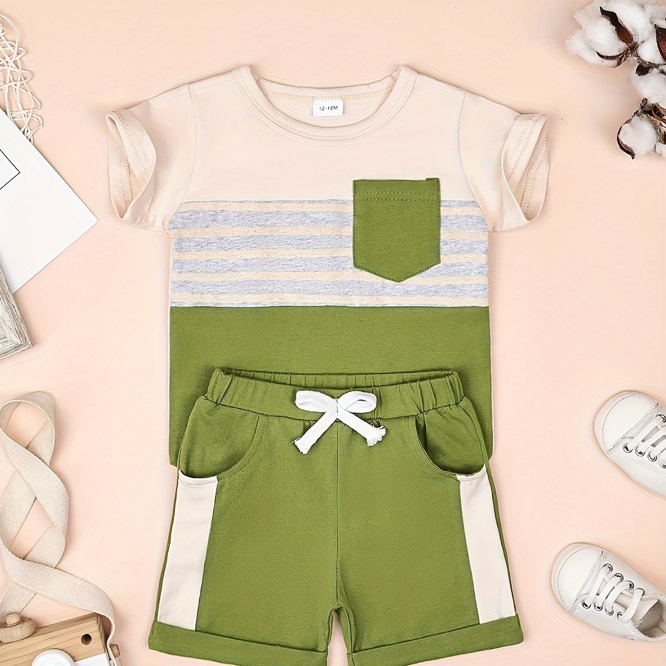 2pcs Baby Boys Summer Outfit Set - Cotton & Polyester Crew Neck T-Shirt with Stripes & Patch Detail, Short Sleeve, Drop Shoulder, Knit Fabric, with Matching Shorts with Belt & Fake Drawstring - Regular Fit, for Outdoor