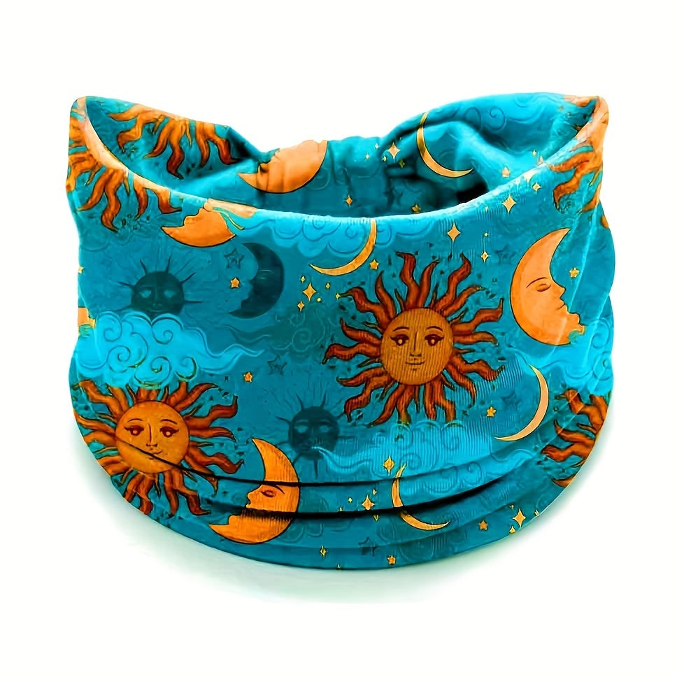 Boho Headband Sun Moon Printed Hair Band Wide Stretchy Sweatband For Yoga Running Headdress For Women