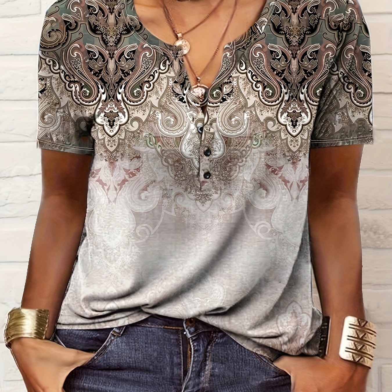 Paisley Print Notched Neck T-Shirt, Casual Short Sleeve T-Shirt For Spring & Summer, Women's Clothing
